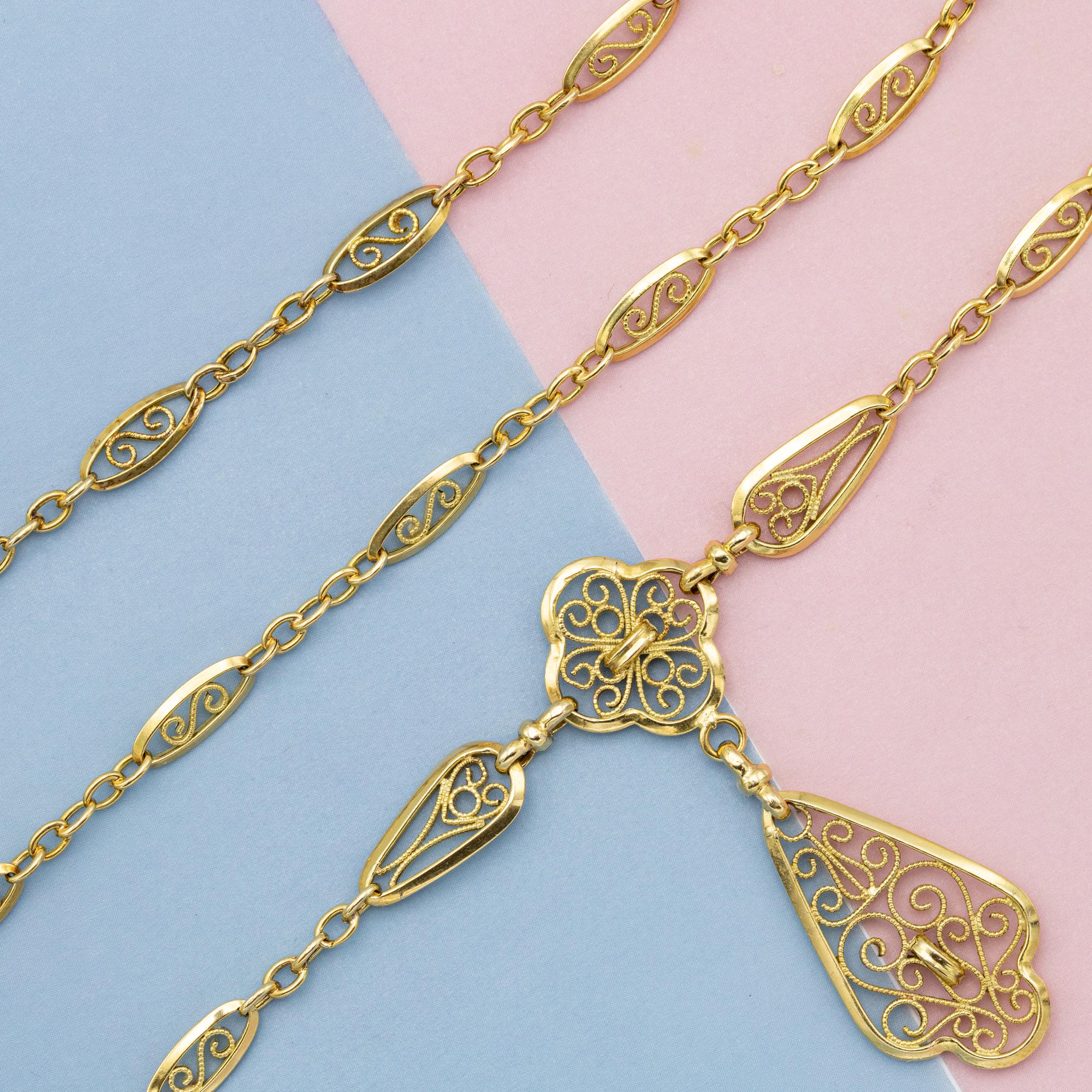 Women's or Men's 18k solid gold Antique Necklace - light Art Nouveau - Belle Epoque - 43 cm For Sale