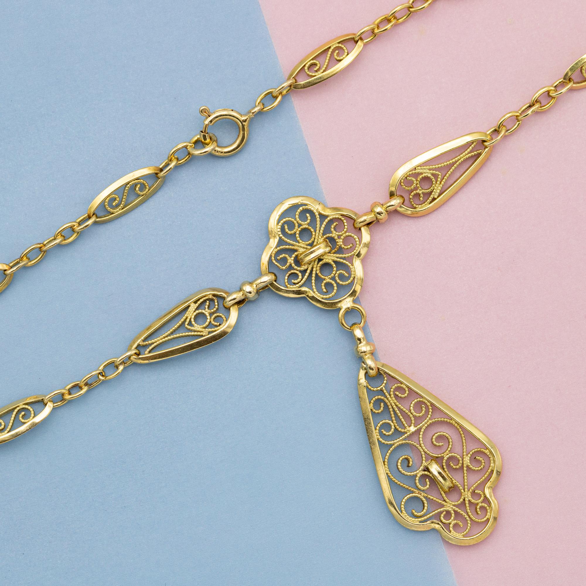 18k solid gold Antique Necklace - light Art Nouveau - Belle Epoque - 43 cm For Sale 1