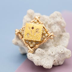 18k solid gold Art Nouveau brooch - Late Victorian jewelry - Floral bamboo pin