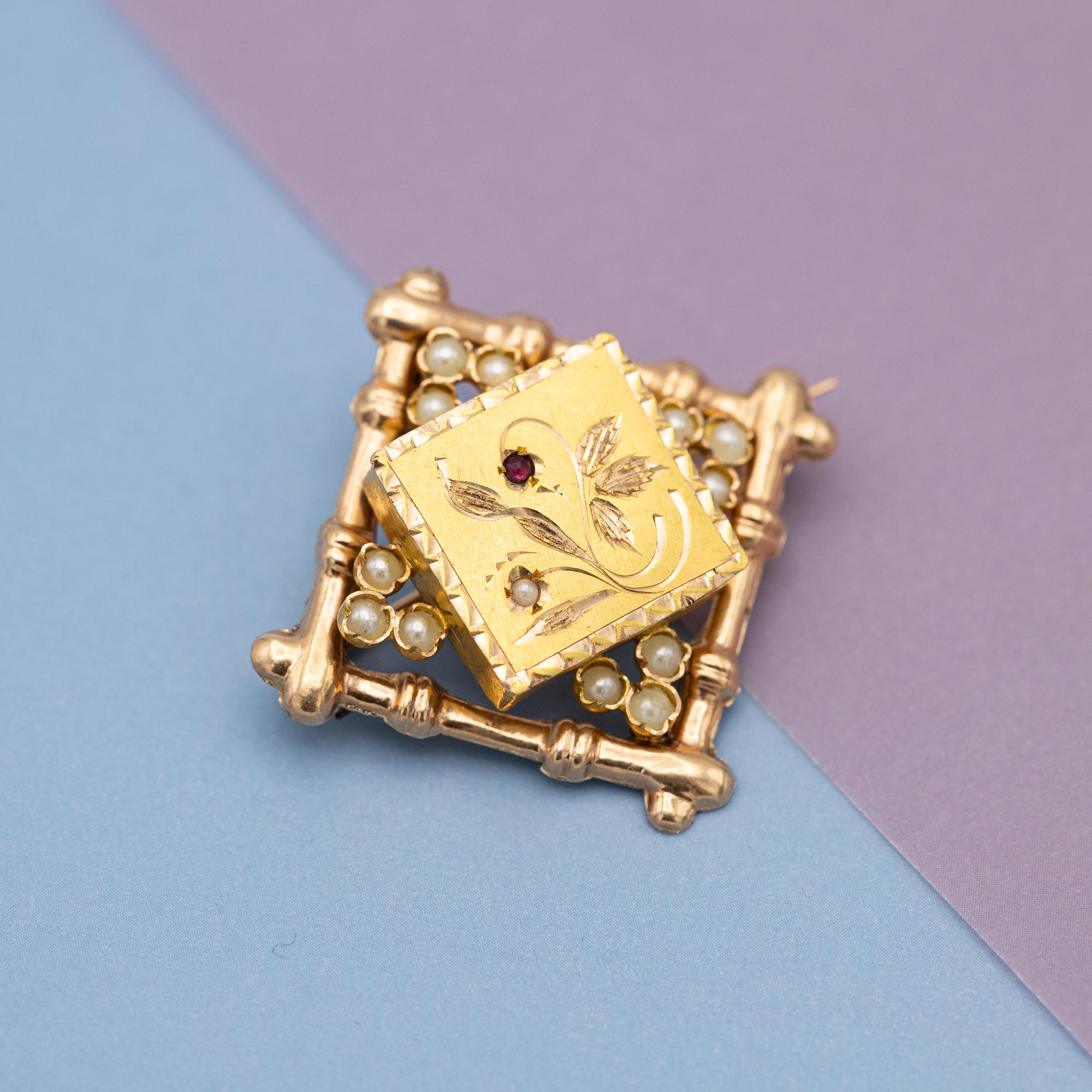 18k solid gold Art Nouveau brooch - Late Victorian jewelry - Floral bamboo pin 2