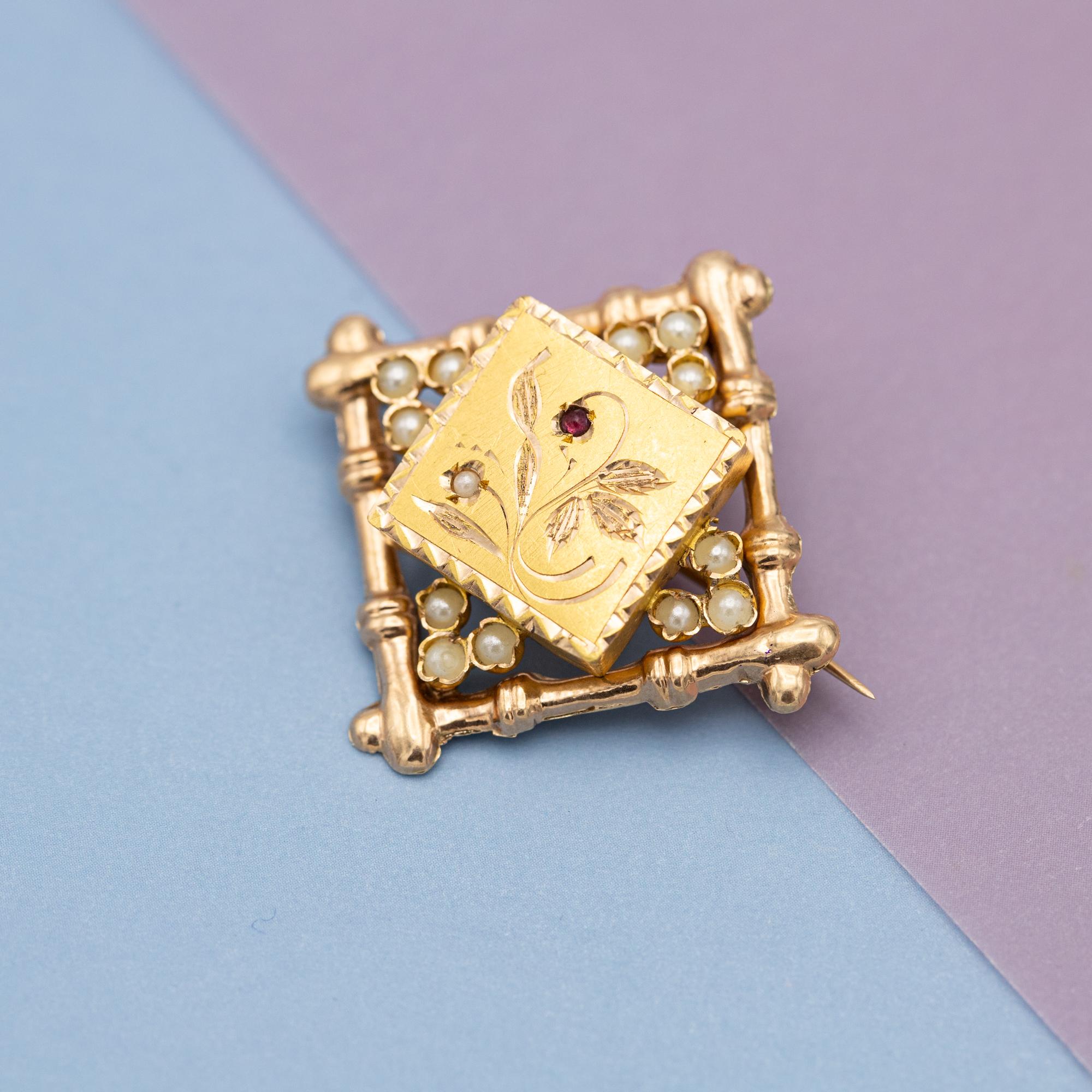 18k solid gold Art Nouveau brooch - Late Victorian jewelry - Floral bamboo pin 3