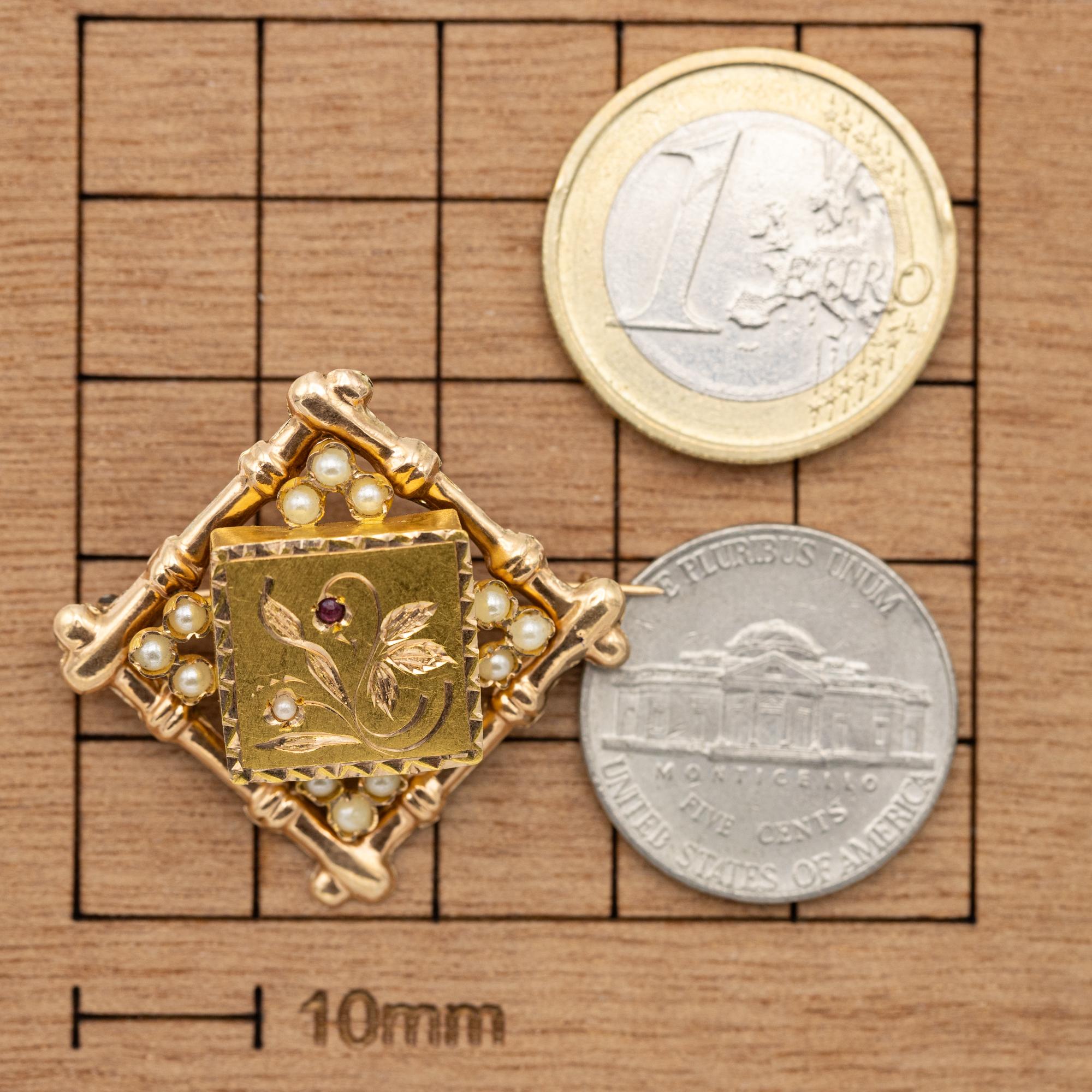18k solid gold Art Nouveau brooch - Late Victorian jewelry - Floral bamboo pin 5