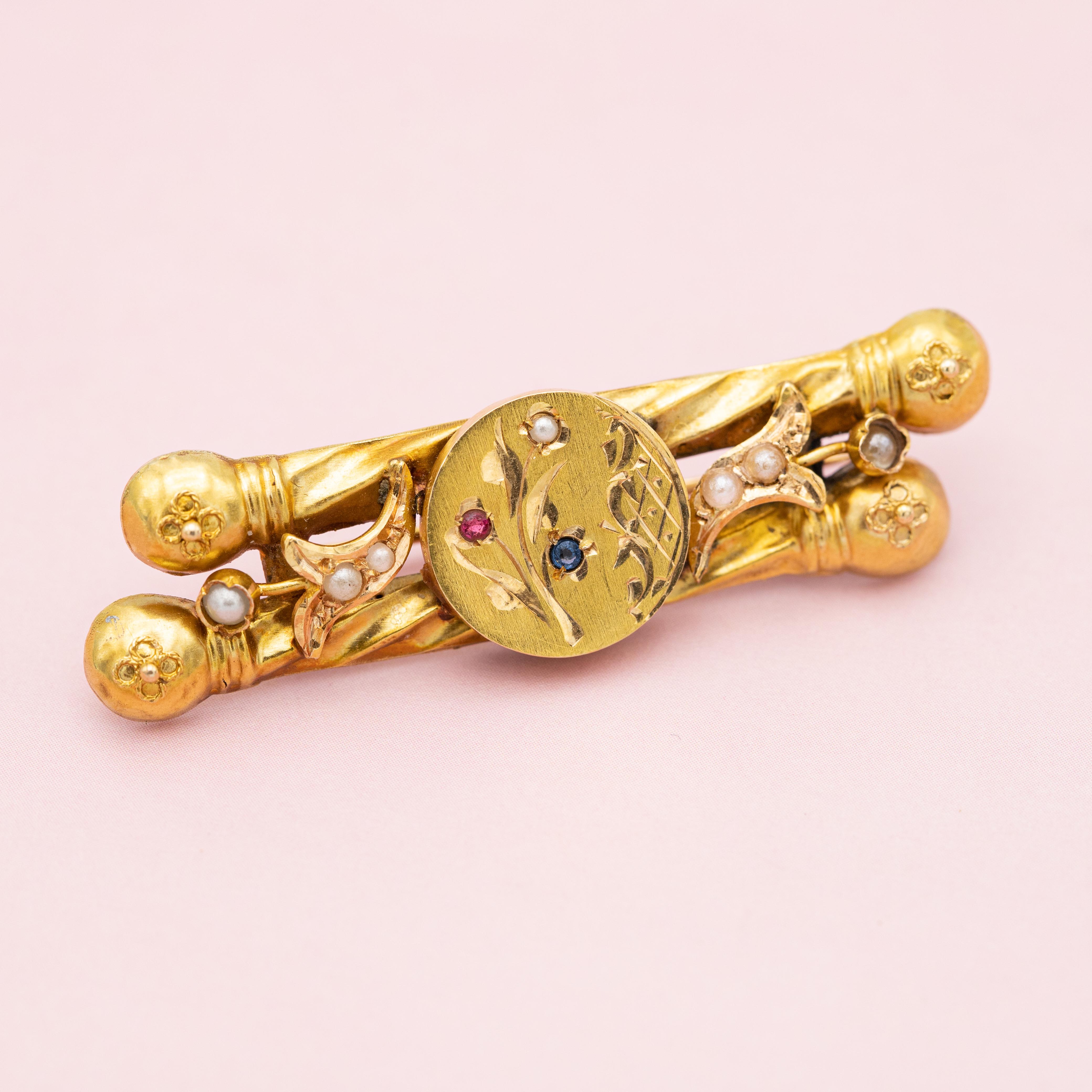 18k solid gold Art Nouveau brooch - Late Victorian jewelry - Floral bar brooch In Good Condition In Antwerp, BE