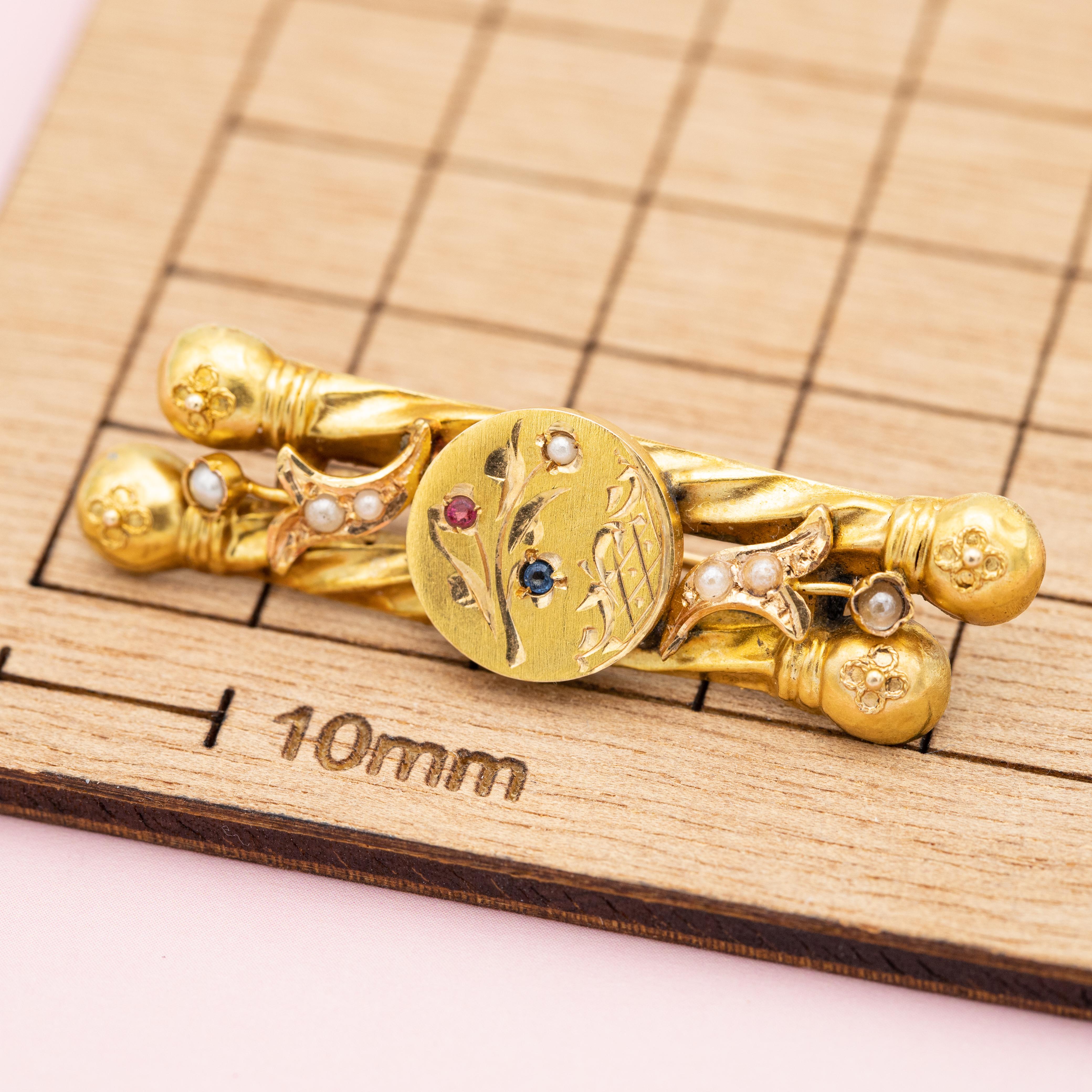 Women's or Men's 18k solid gold Art Nouveau brooch - Late Victorian jewelry - Floral bar brooch