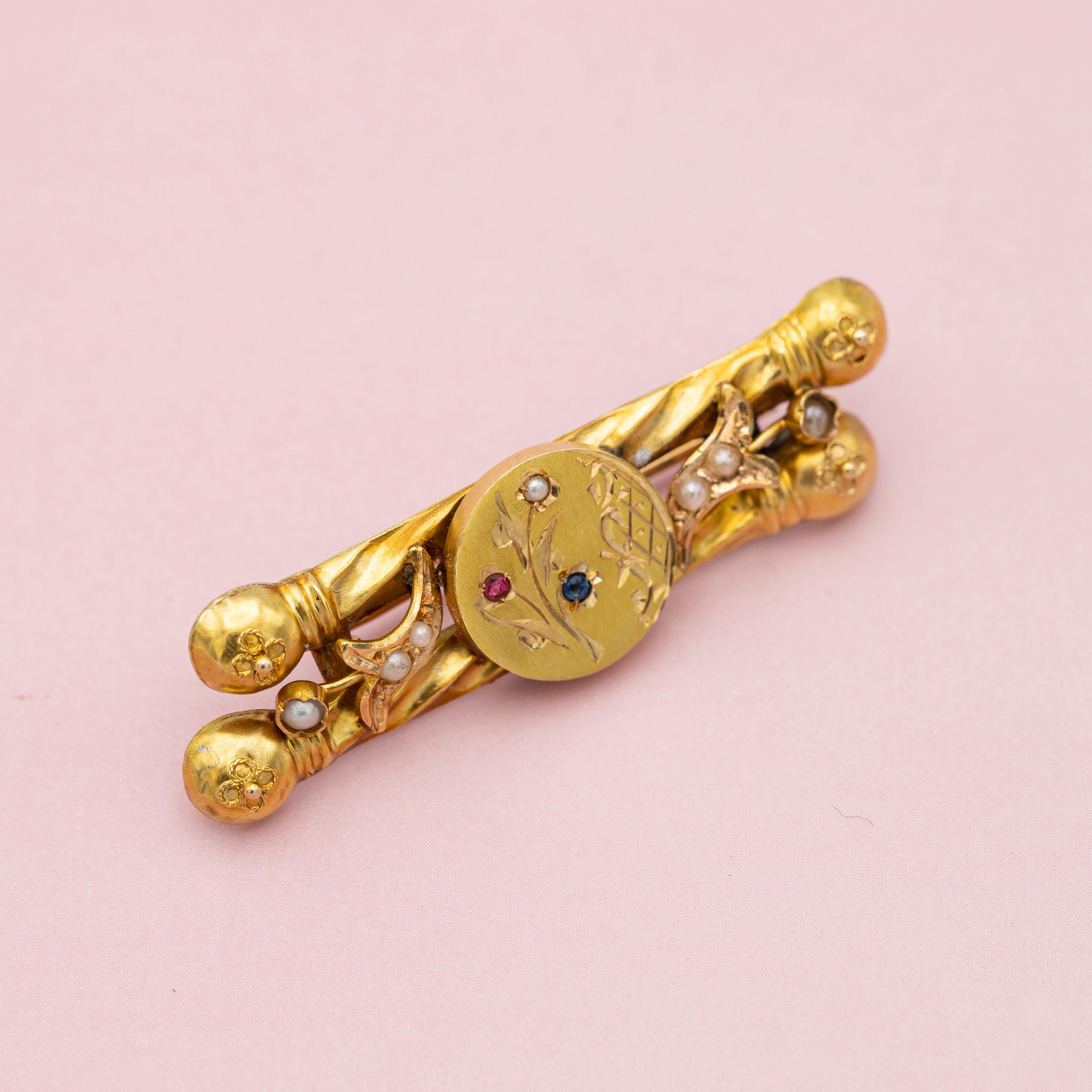 18k solid gold Art Nouveau brooch - Late Victorian jewelry - Floral bar brooch 3