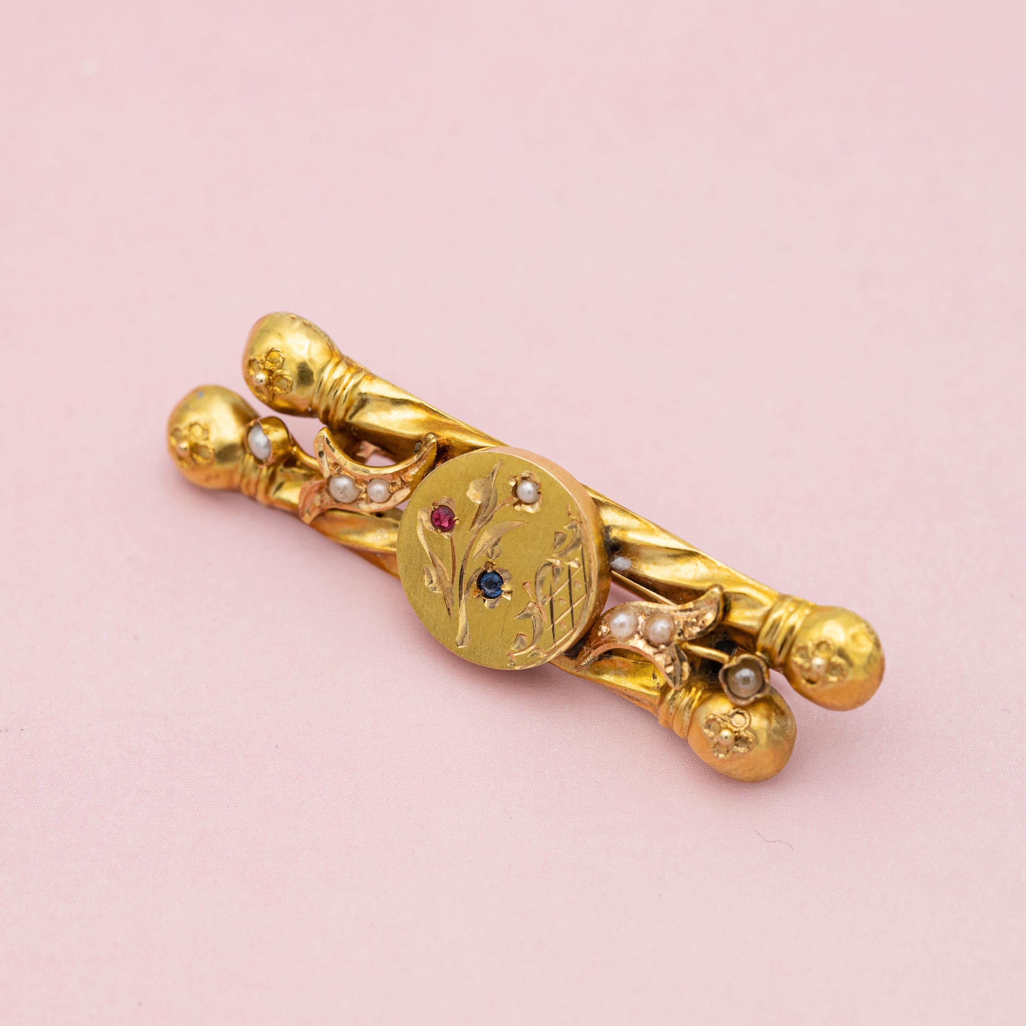 18k solid gold Art Nouveau brooch - Late Victorian jewelry - Floral bar brooch 4