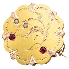 18k solid gold Art Nouveau brooch - Late Victorian jewelry - Floral engraving