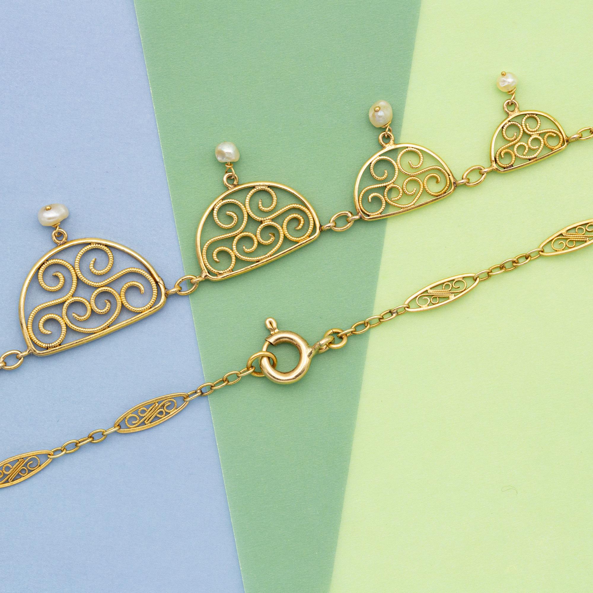 18k solid gold Belle Epoque Necklace - Filigree chain - Victorian drapery chain 1