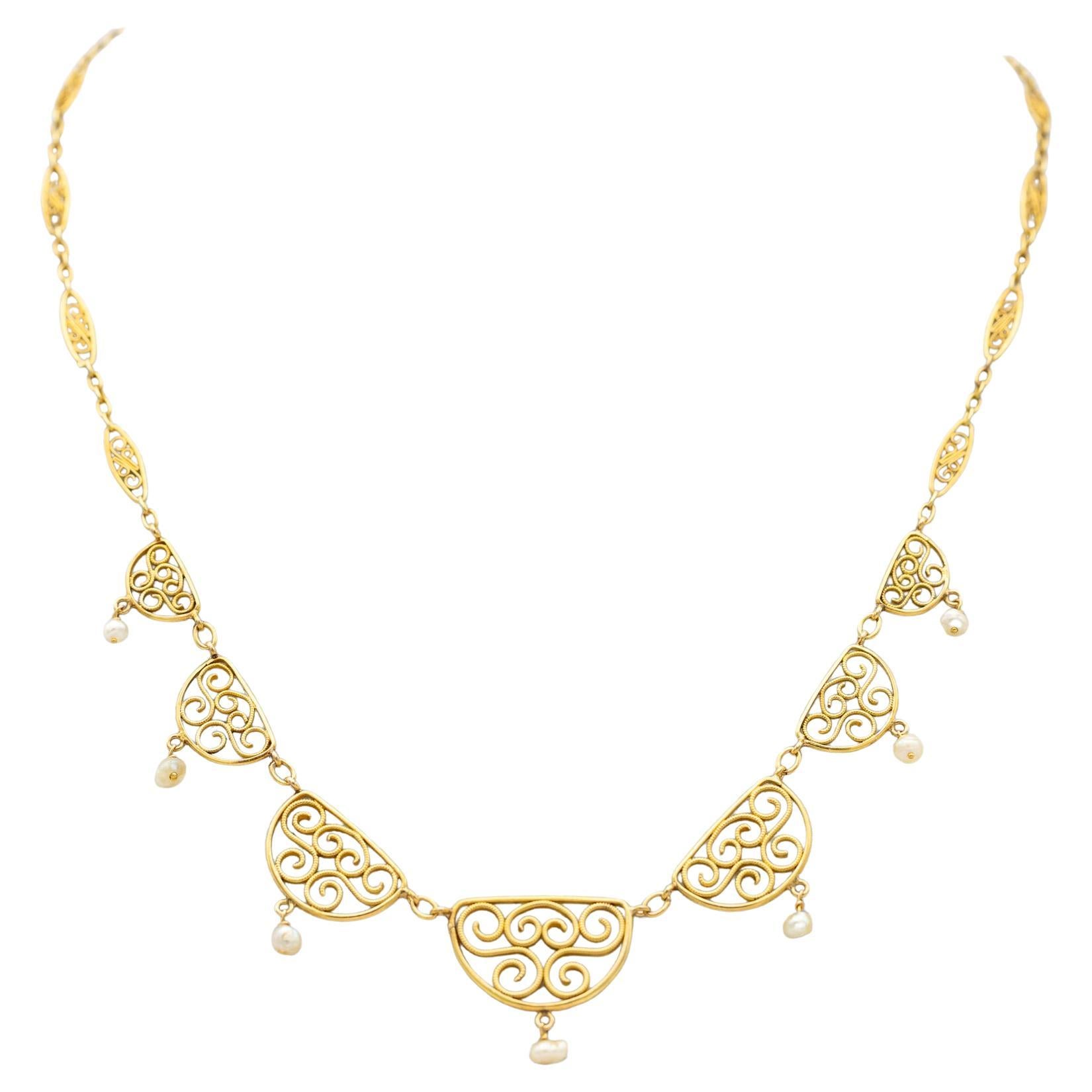 18k solid gold Belle Epoque Necklace - Filigree chain - Victorian drapery chain For Sale