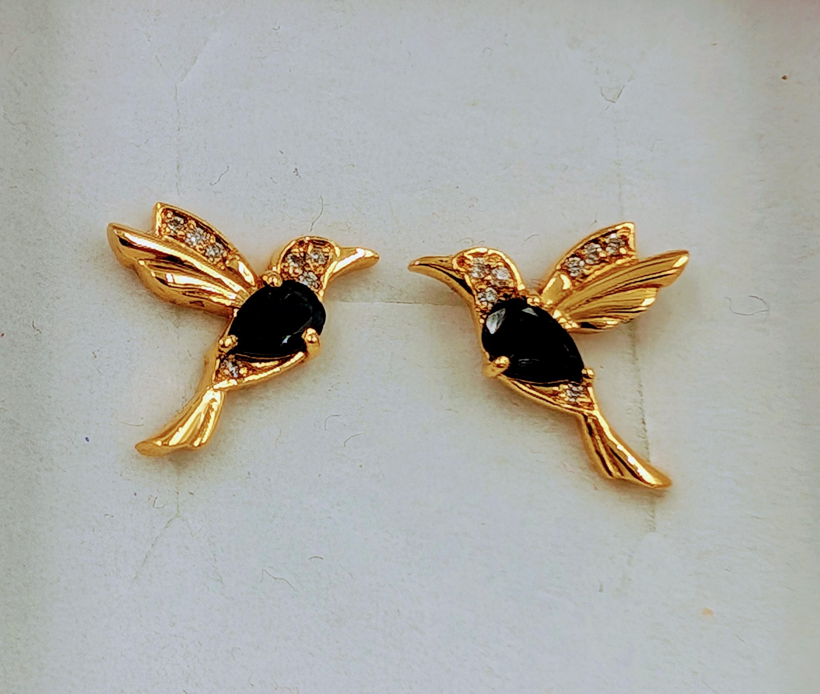 Taille brillant Boucles d'oreilles en or massif 18k oiseau saphir diamant  en vente