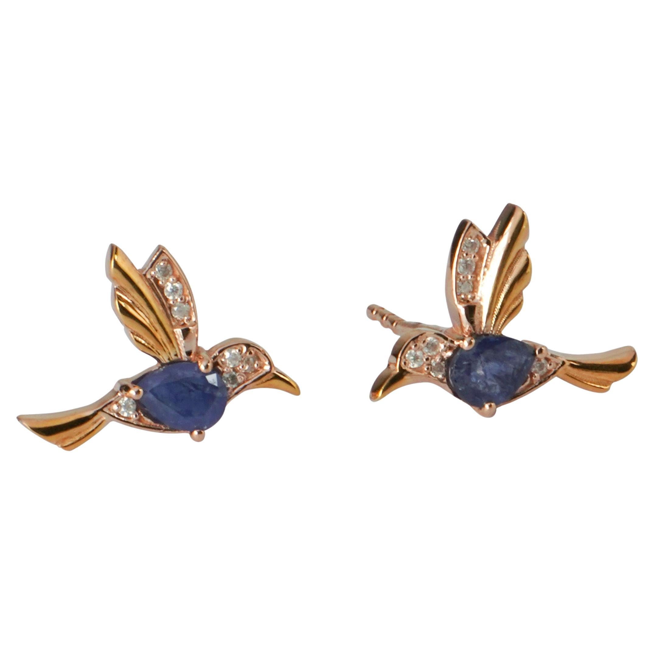 18k Solid Gold Bird Sapphire Diamond Earrings 