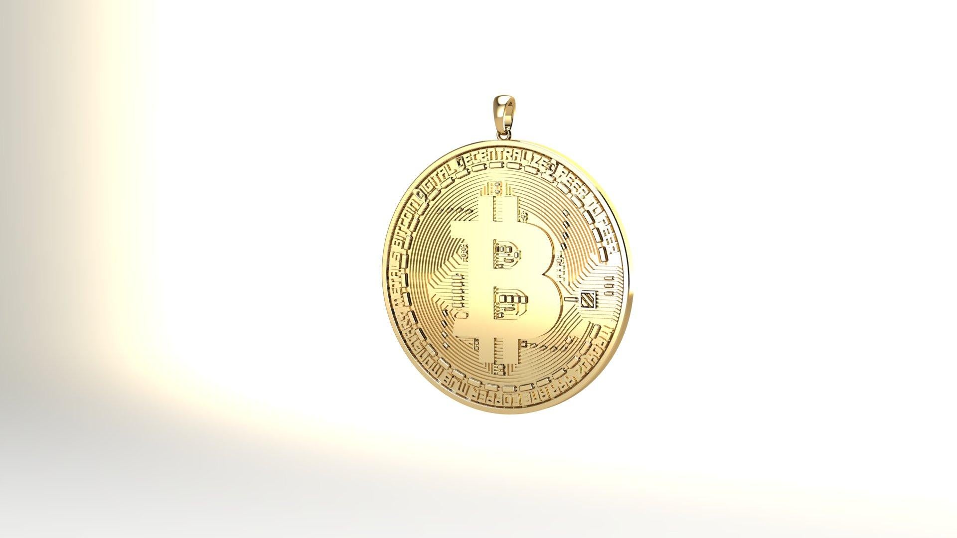 Modern 18k solid gold Bitcoin pendant necklace For Sale