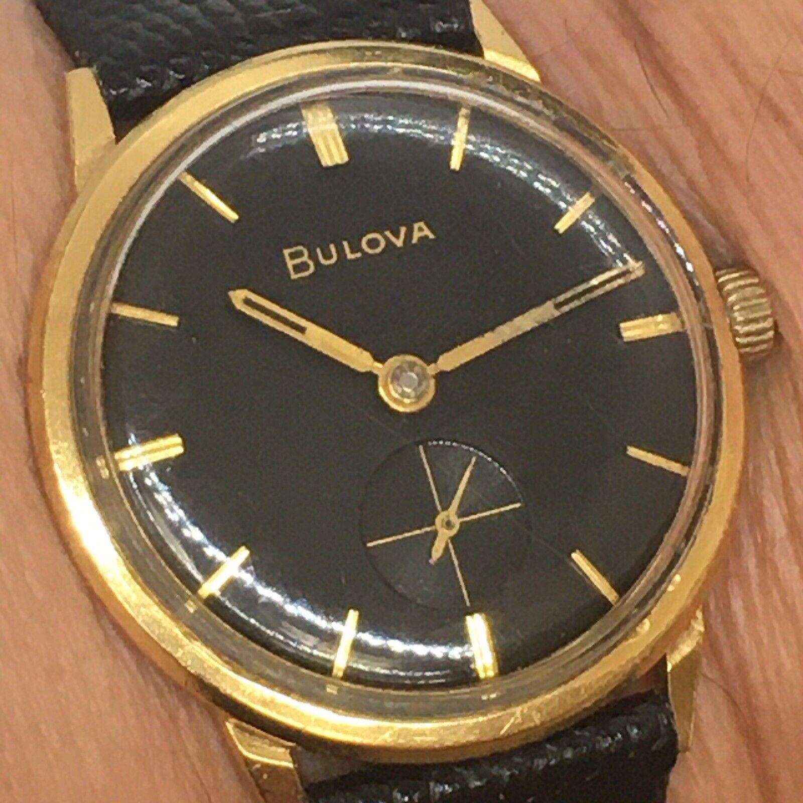 18k Solid Gold Bulova Black Dial All Original Swiss Gents Wristwatch For Sale 2