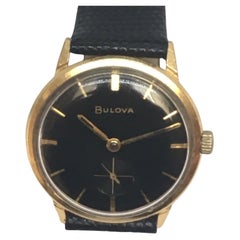 18k Solid Gold Bulova Black Dial All Original Swiss Gents Wristwatch