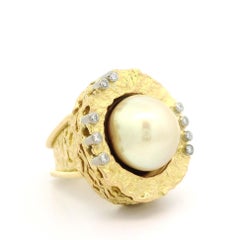 18k Solid Gold Button Golden Pearl w/ Diamond Nugget Open Work Heavy Large Ring