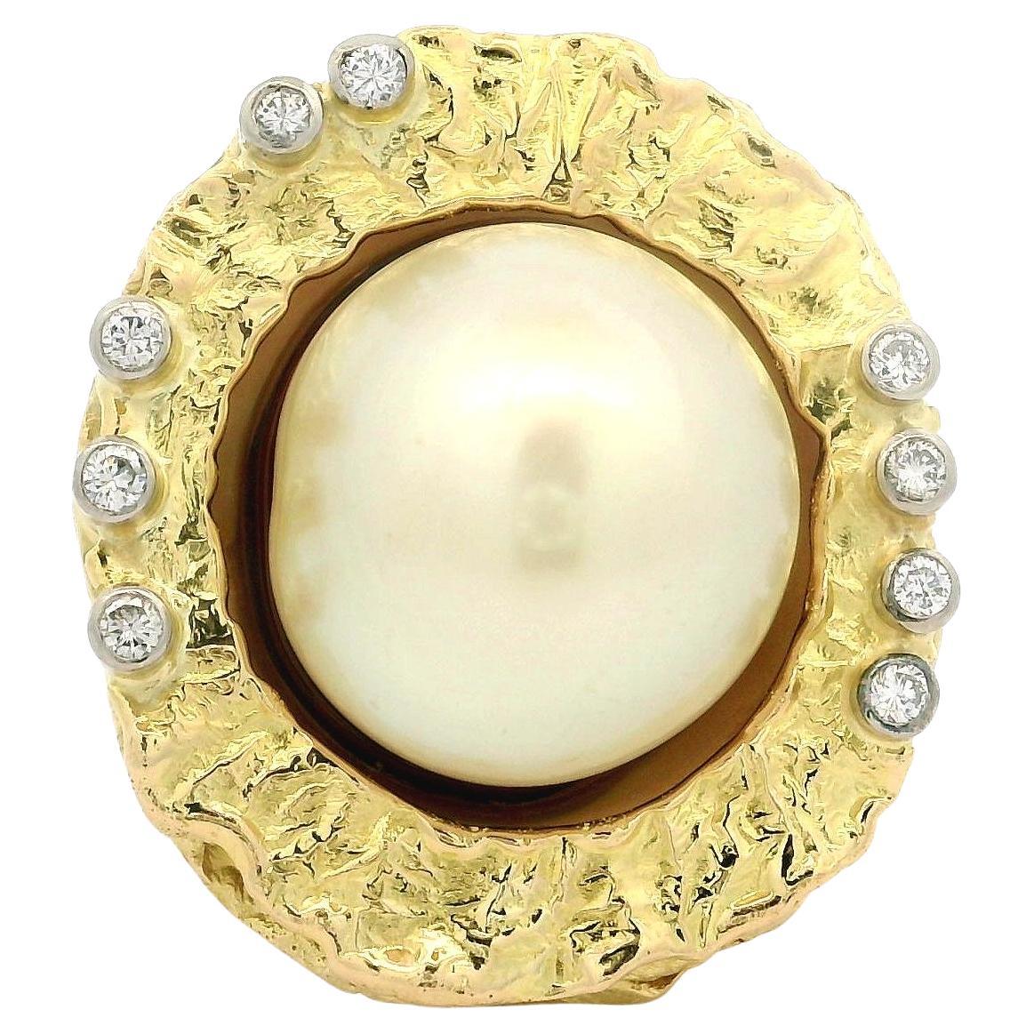 18k Solid Gold Button Golden Pearl w/ Diamond Nugget Open Work Heavy Large Ring For Sale