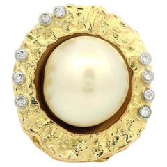 18k Solid Gold Button Golden Pearl w/ Diamond Nugget Open Work Heavy Large Ring