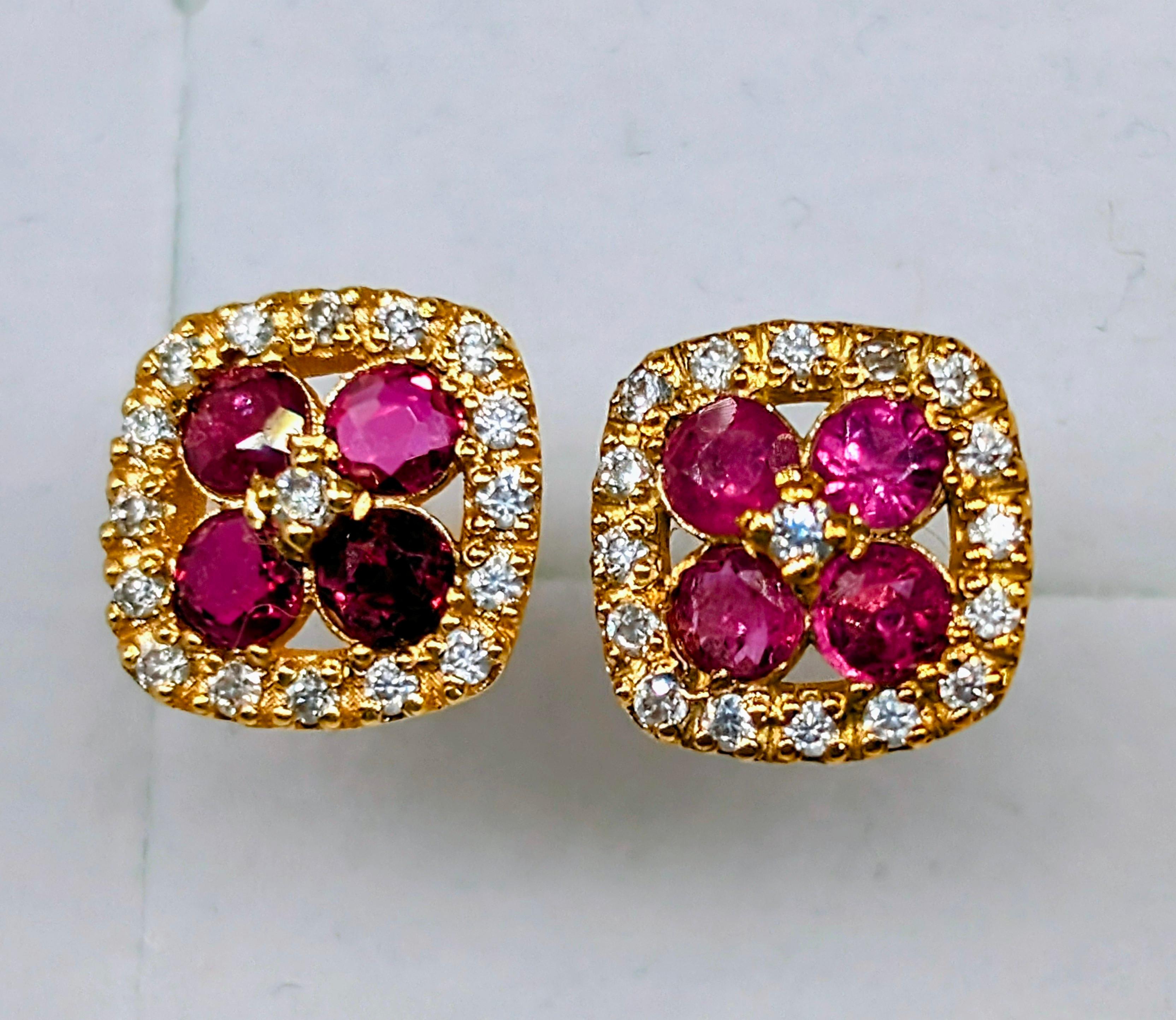 Art Deco 18k Solid Gold clover ruby earrings For Sale