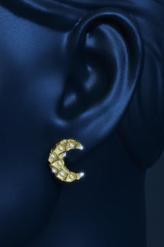 18K Solid Gold Crescent Moon Diamond Earrings by Oltremare Gioielli - Italy