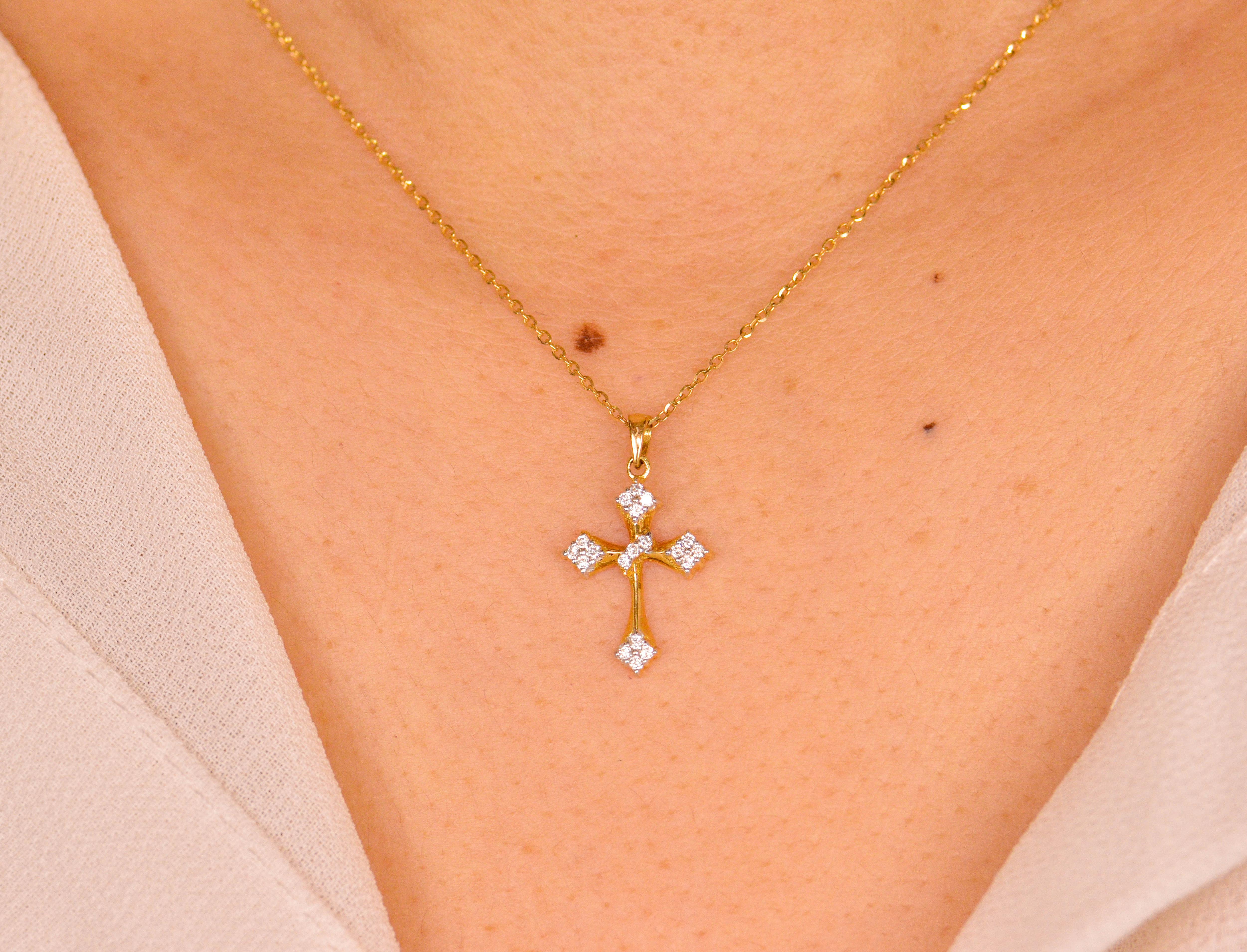 18k Solid Gold Cross Diamond Necklace Cross Charm Pendant Religious Necklace For Sale 4