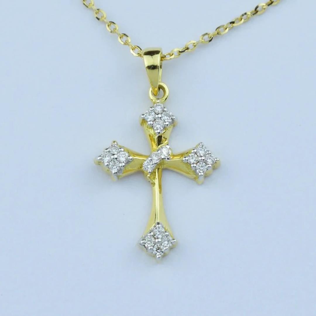 18k Solid Gold Cross Diamond Necklace Cross Charm Pendant Religious Necklace In New Condition For Sale In Bangkok, TH