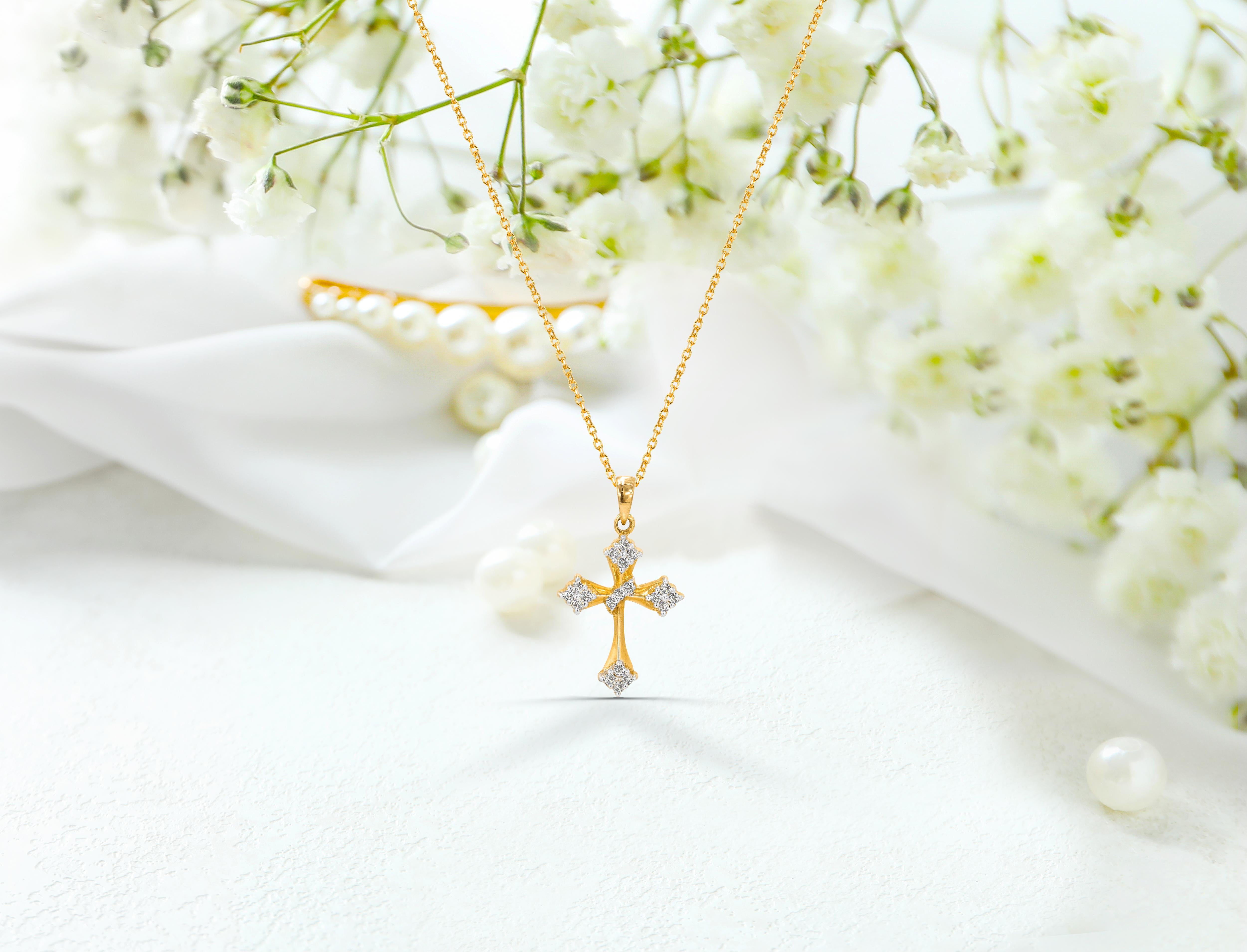 18k Solid Gold Cross Diamond Necklace Cross Charm Pendant Religious Necklace For Sale 2