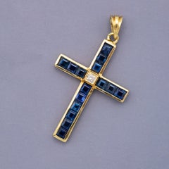 18k solid gold cross pendant - Sapphire & diamond - Estate Catholic medallion