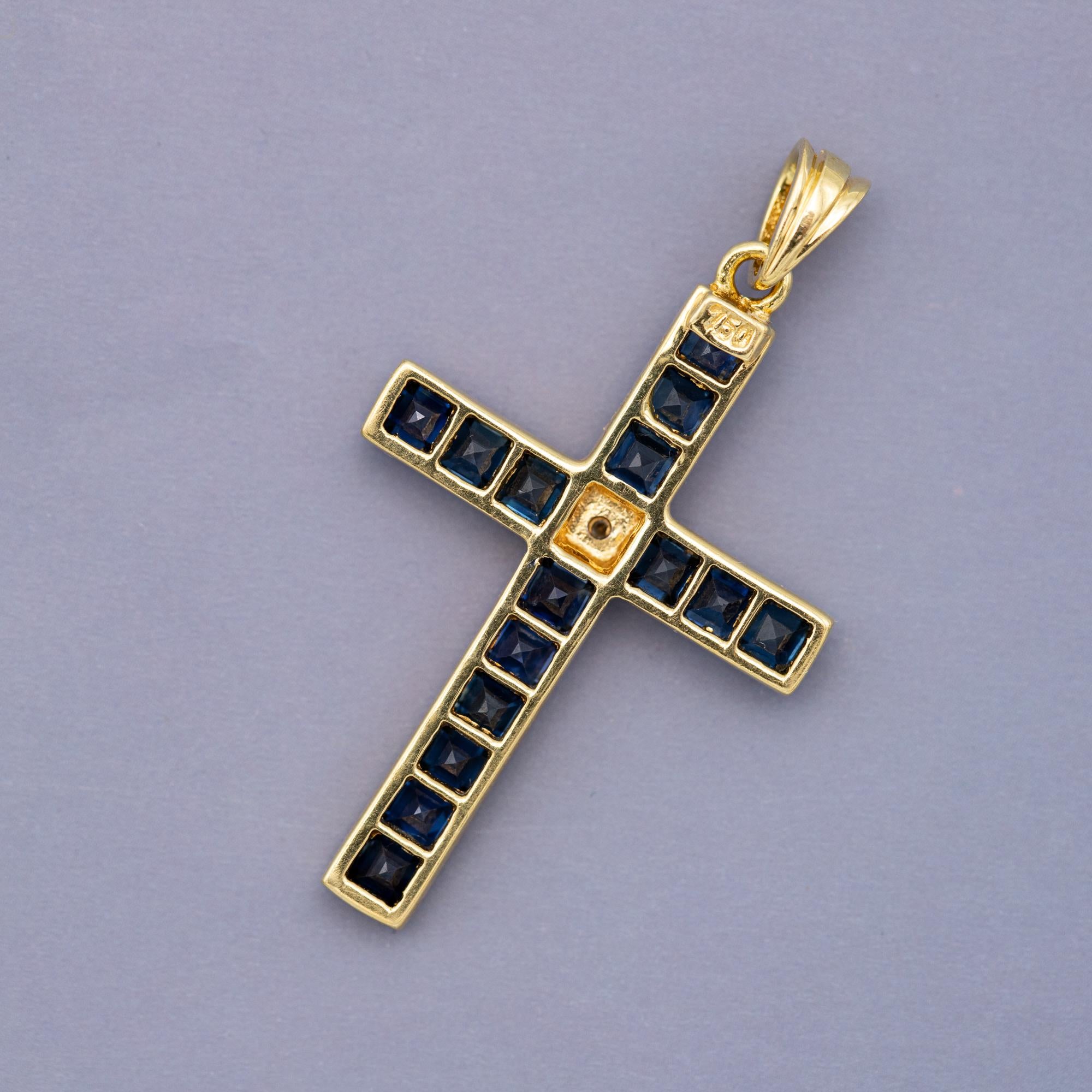 Retro 18k solid gold cross pendant - Sapphire & diamond - Estate Catholic medallion