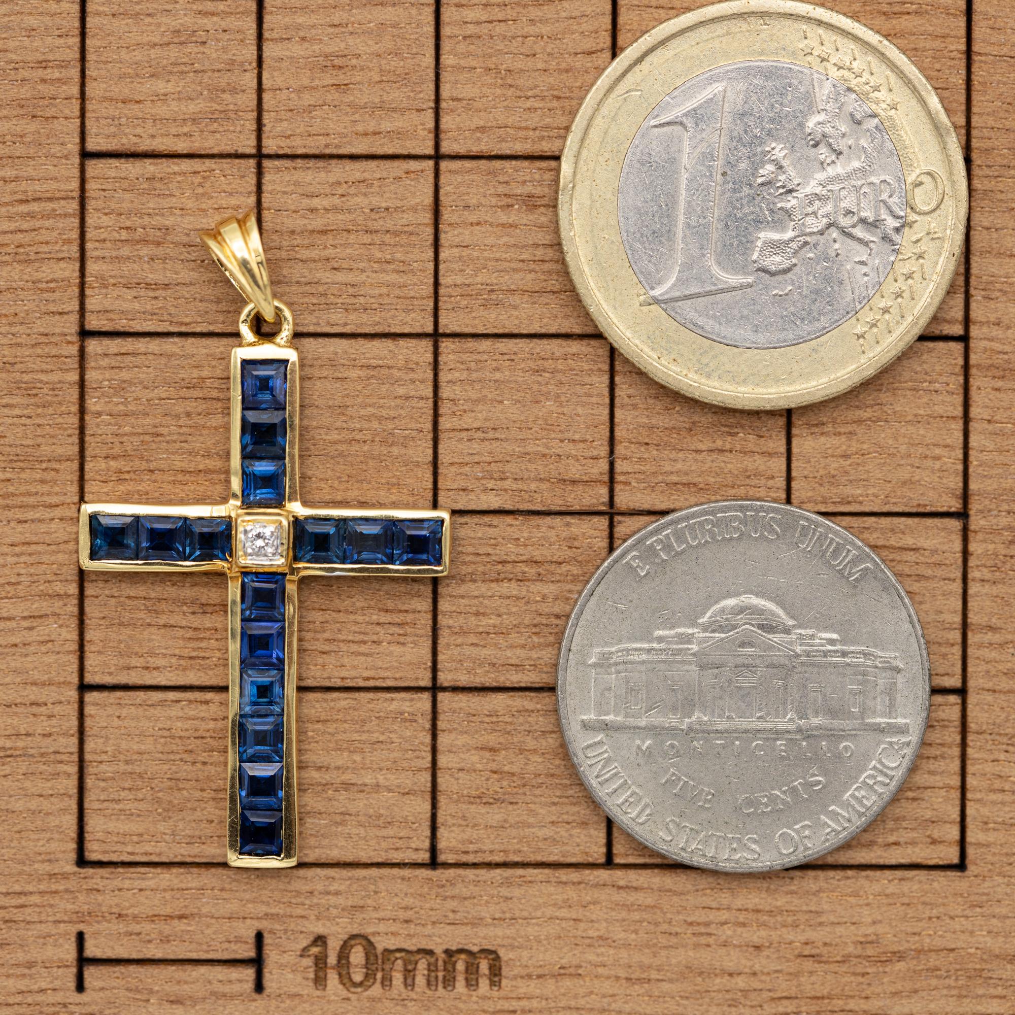 Brilliant Cut 18k solid gold cross pendant - Sapphire & diamond - Estate Catholic medallion
