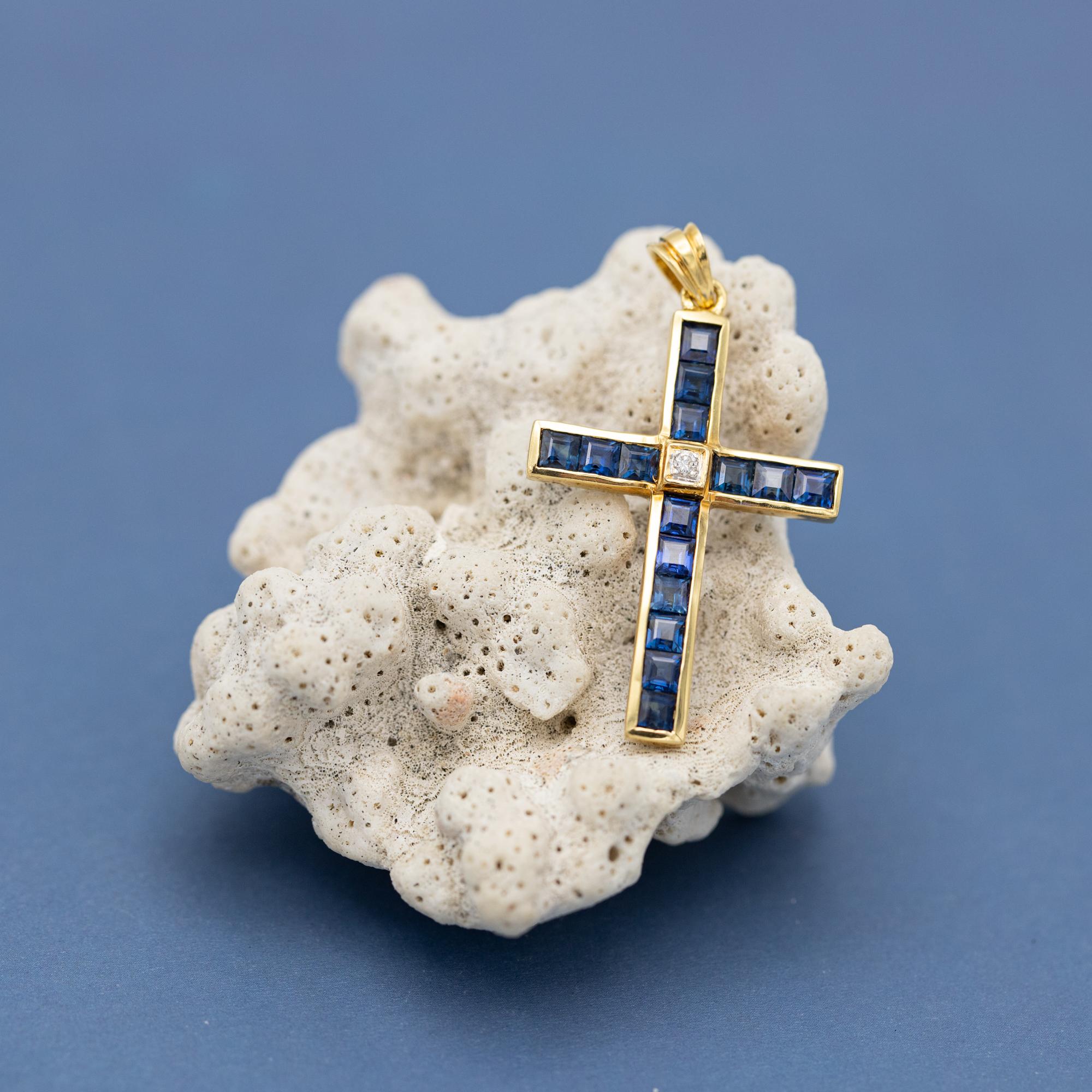 Women's or Men's 18k solid gold cross pendant - Sapphire & diamond - Estate Catholic medallion
