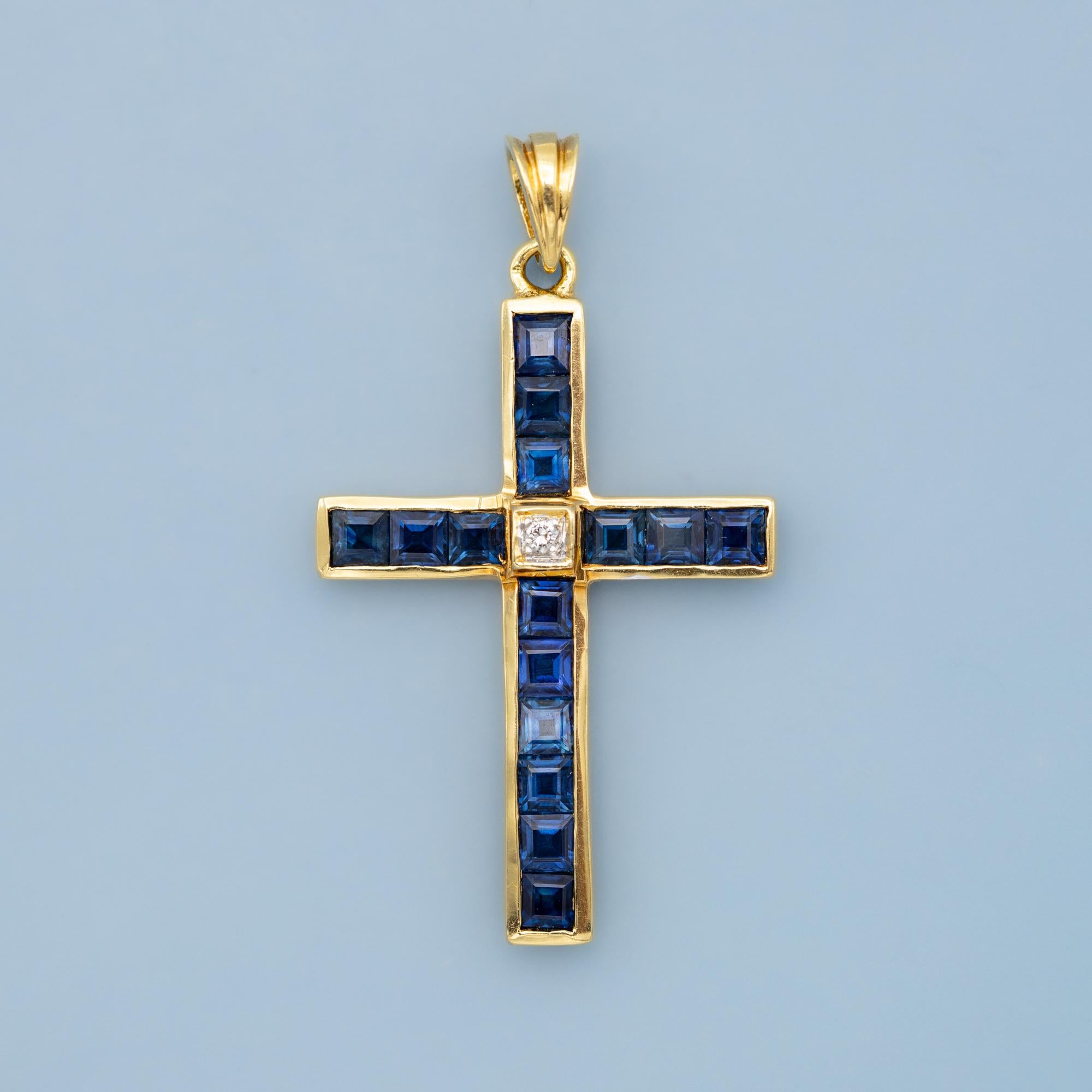 18k solid gold cross pendant - Sapphire & diamond - Estate Catholic medallion 2