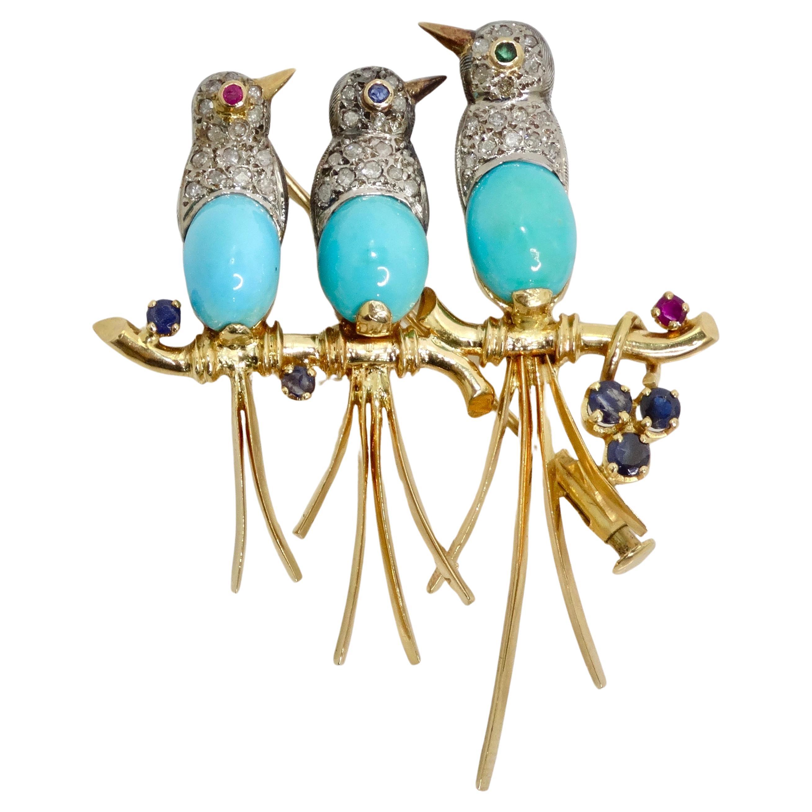 18K Solid Gold Diamond Blue Bird Brooch For Sale