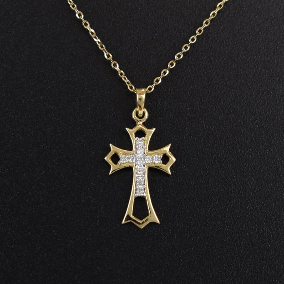 Halskette mit zarte Kreuz-Halskette aus massivem Gold mit Diamanten im Angebot 4
