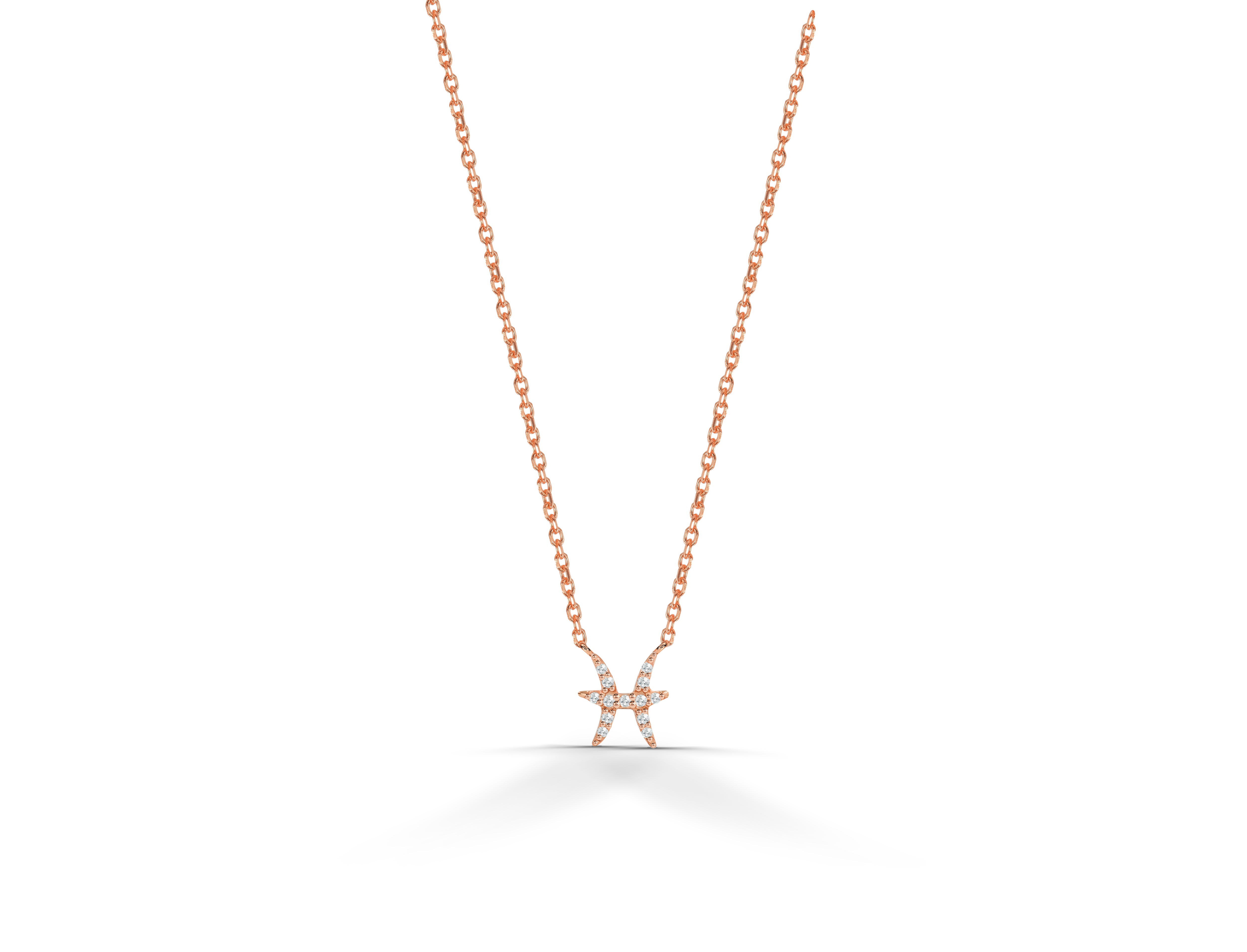 18k Solid Gold Diamond Necklace Pisces Zodiac Sign Birth Sign Necklace