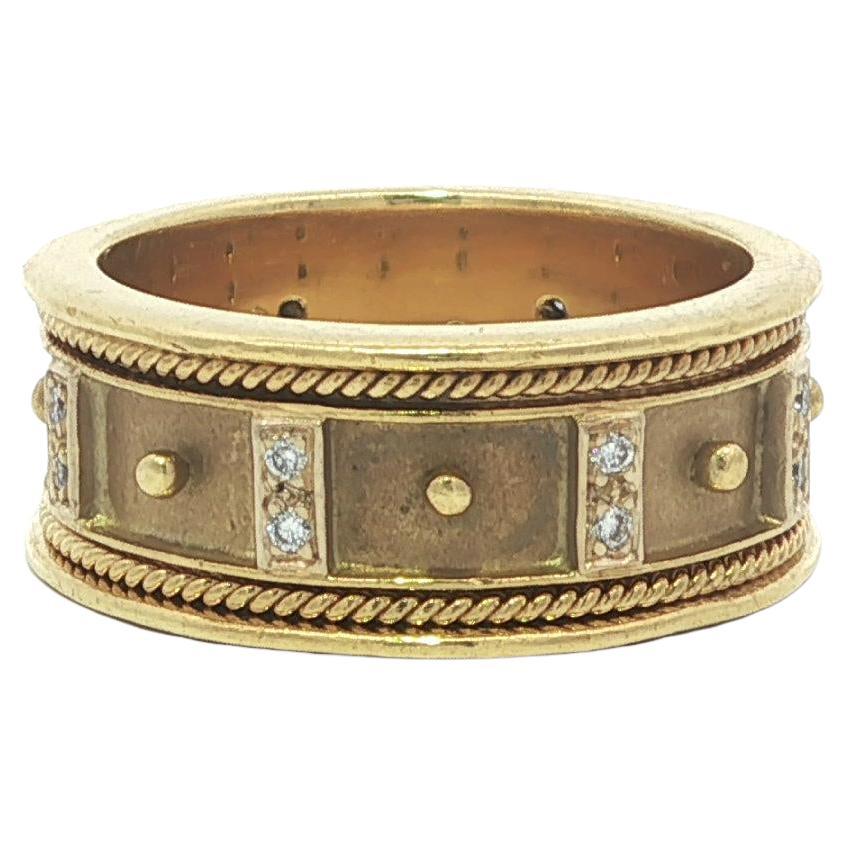 18k Solid Gold Diamond Station Twisted Wire Dual Finish Wide Band Ring Sz 5.5 For Sale