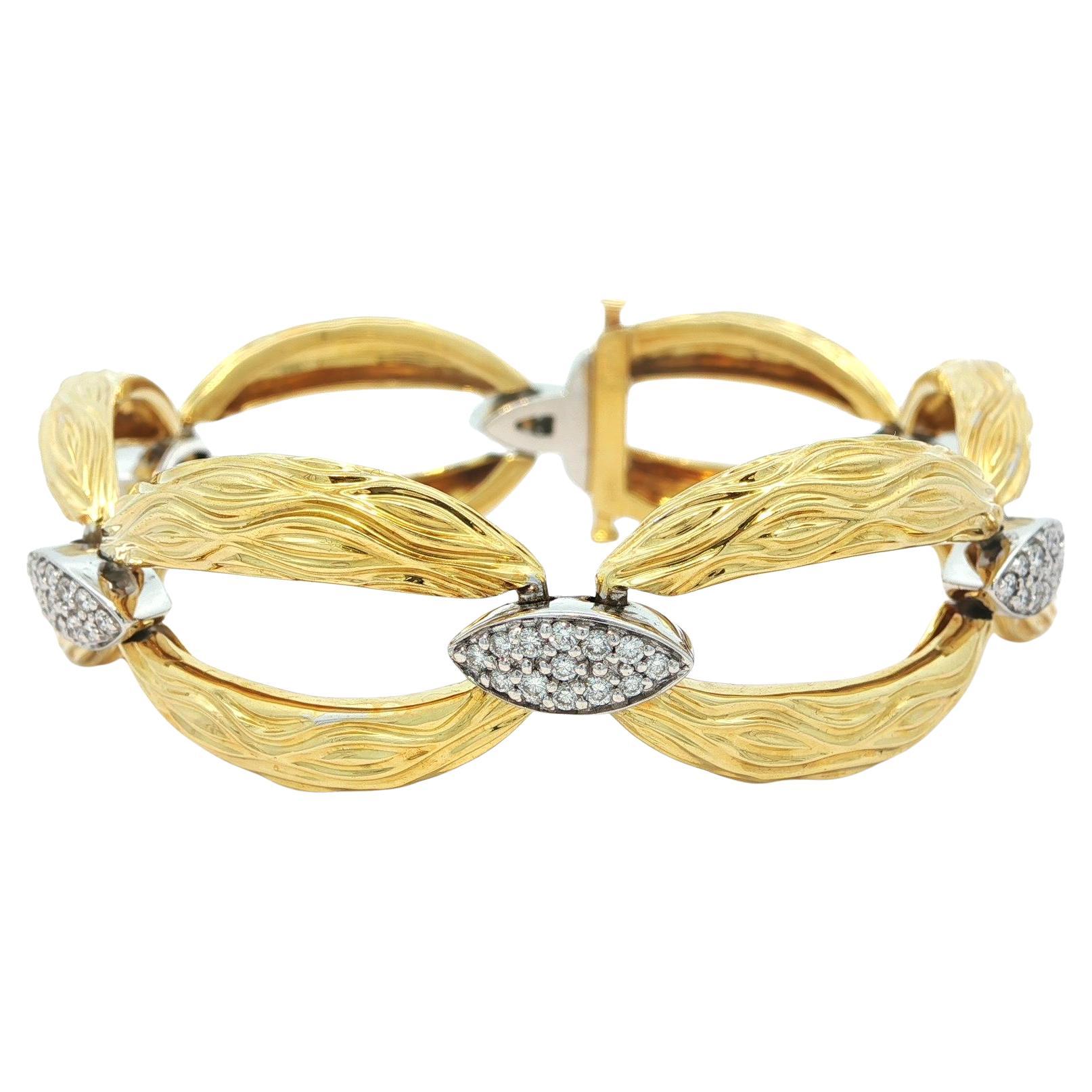 18k Solid Gold F VS Diamond Textured Wavy Marquise Shape Open Link Bracelet For Sale