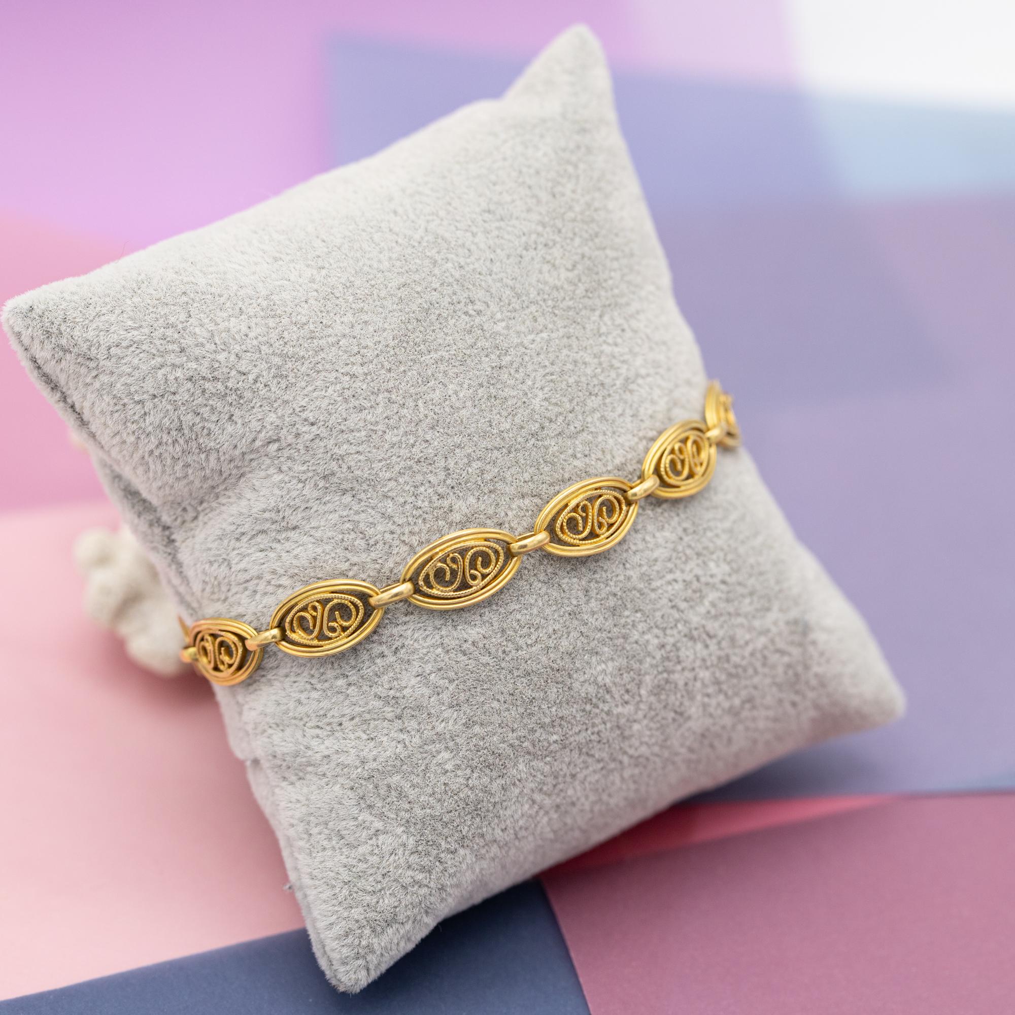 18 Karat massives Gold filigranes Kettenarmband, 1900er romantisches Sautoir-Armband, 14,1gr im Angebot 1