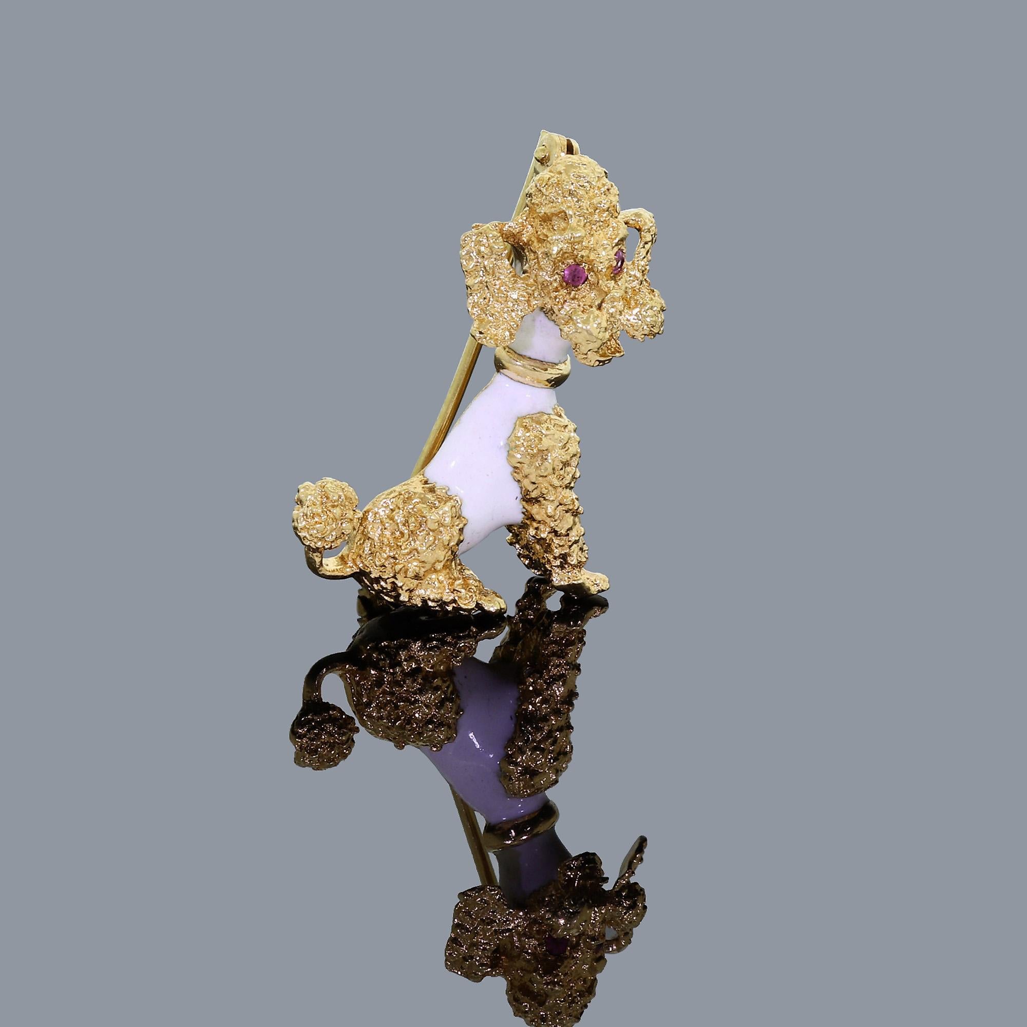 Adorable solid 18K yellow gold poodle brooch pin with a rarely found white enamel sweater and amethyst gemstone eyes. 
This cute little pup is very well made and extremely detailed,  From the ears to the pompom tail, all the gold surfaces are