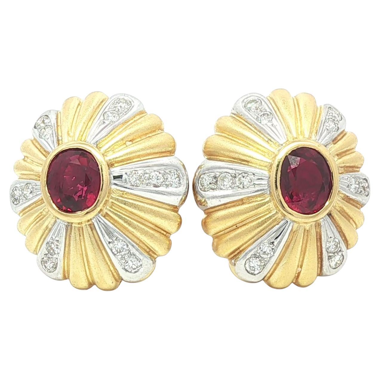 18k Solid Gold GIA 1.25ctw Bezel Ruby 
Diamond Dual Finish Burst Stud Earrings en vente