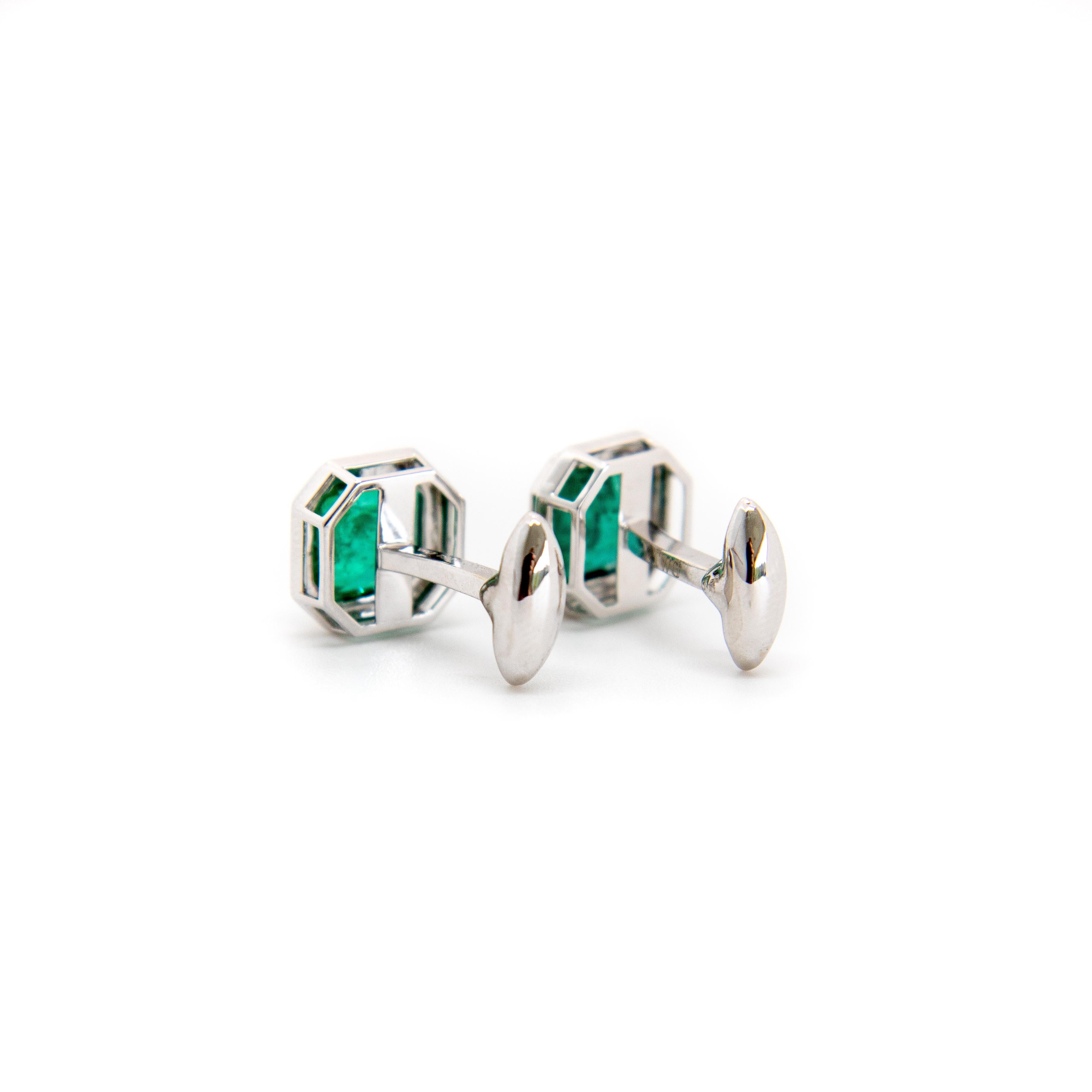 Octagon Cut 18K Solid Gold Hand Made Emerald Bezel Set Cufflinks For Sale