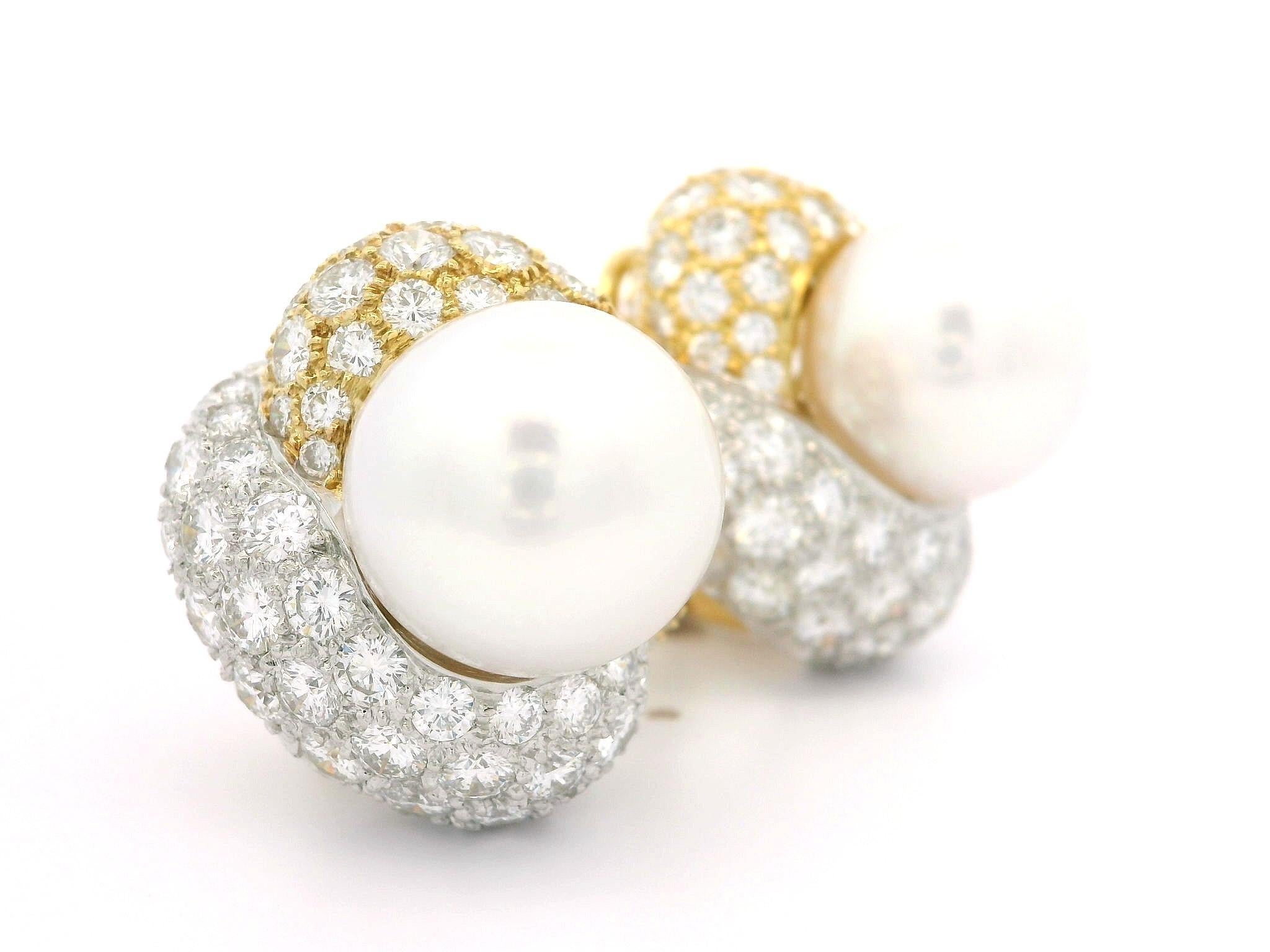 18k Massivgold Hochwertige 12,8 mm Südseeperle 8ctw Diamant-Ohrringe mit Deckel im Angebot 7