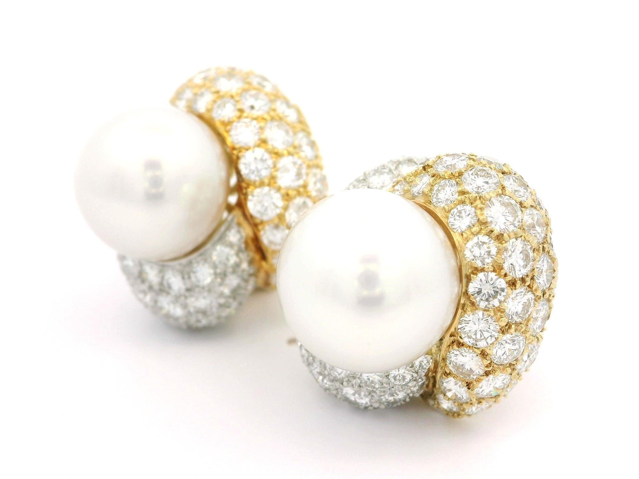 18k Massivgold Hochwertige 12,8 mm Südseeperle 8ctw Diamant-Ohrringe mit Deckel im Angebot 3