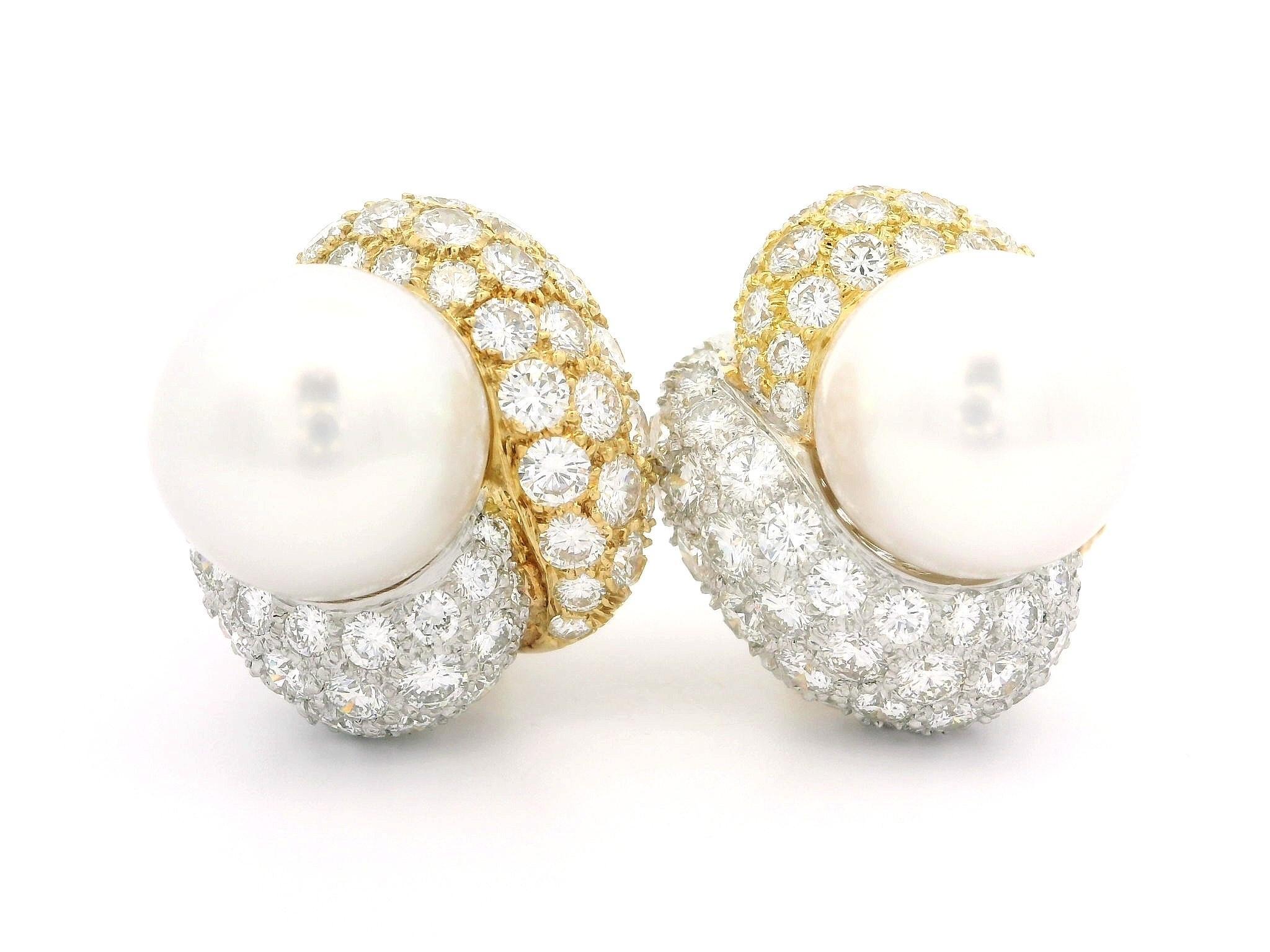 18k Solid Gold High Quality 12.8mm South Sea Pearl 8ctw Diamond Covered Earrings
