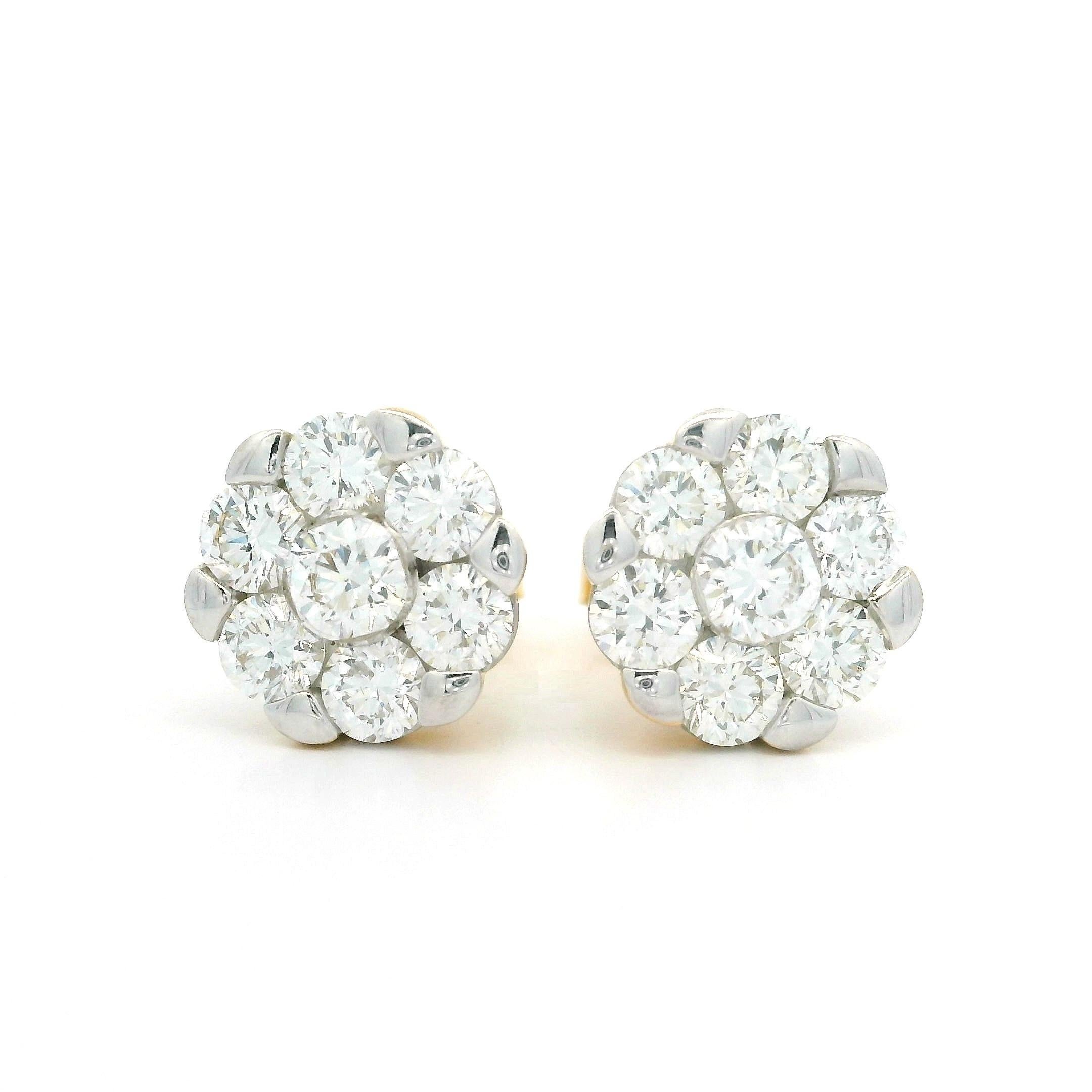 18k Solid Gold High Quality 3ctw Illusion Diamond Floral Cluster Stud Earrings