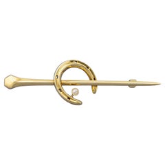 18k solid gold horse shoe Bar Brooch - Vintage stick pin - European Good Luck