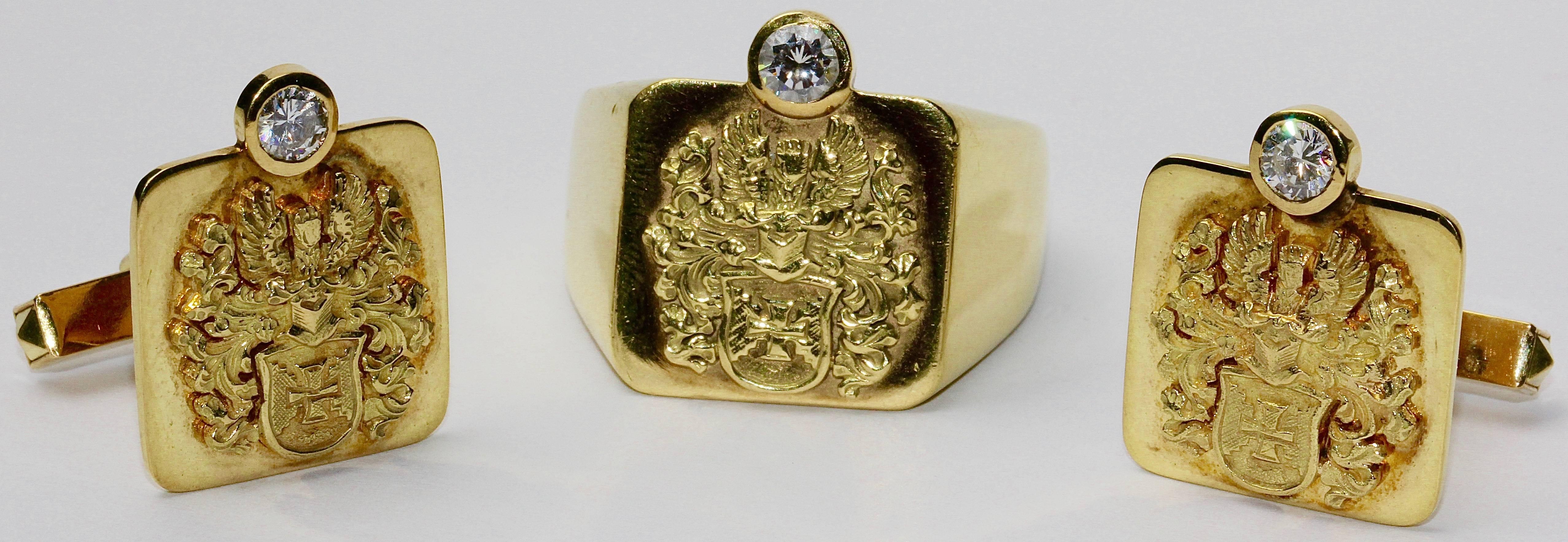 18 Karat Massivgold Herren Siegelring mit Diamant Solitär, edler Wappen im Zustand „Gut“ im Angebot in Berlin, DE