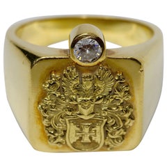 Used 18k Solid Gold Men’s Signet Ring with Diamond Solitaire, Noble Coat of Arms