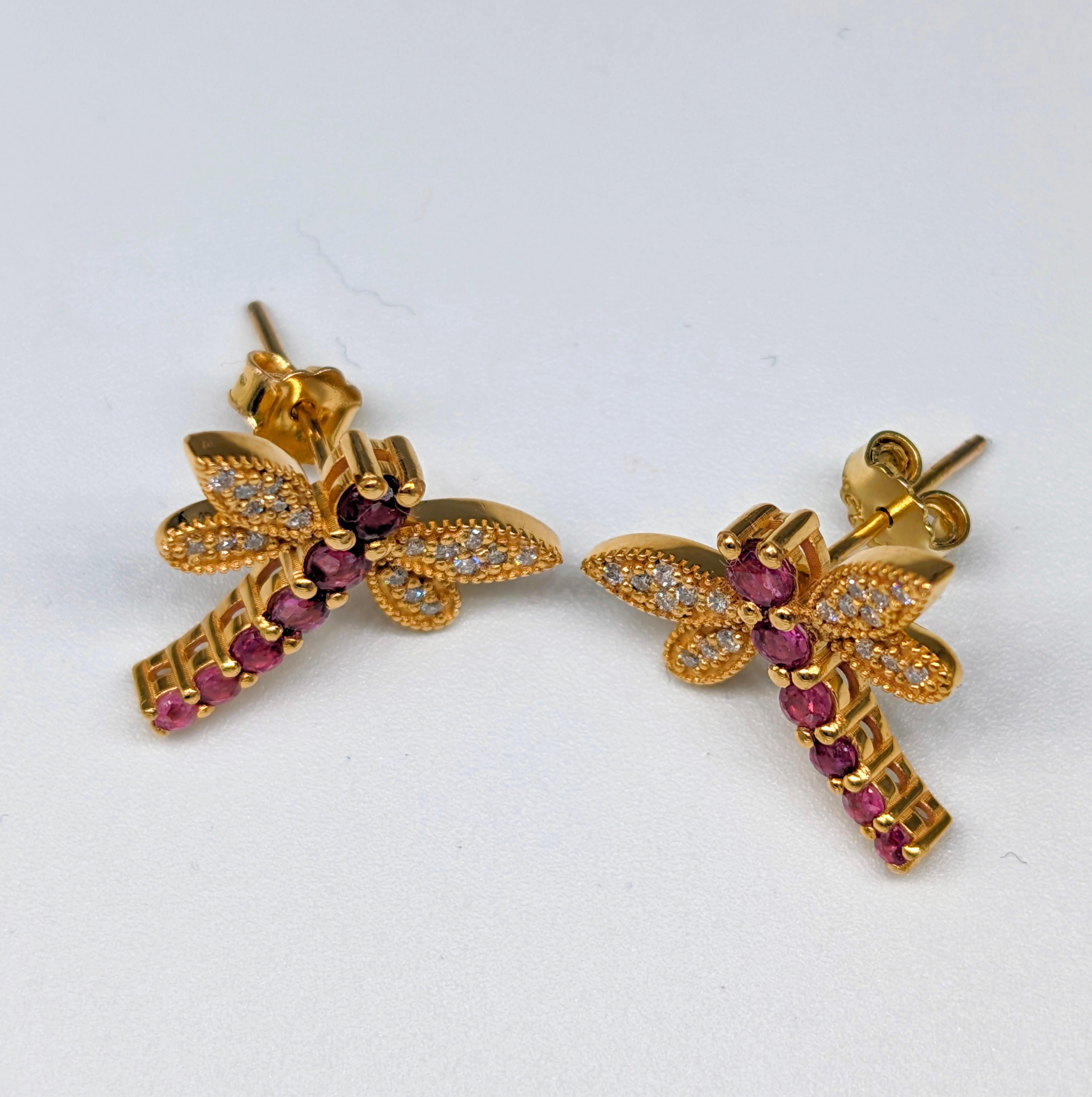 Women's or Men's 18k Solid Gold Natural Ruby Diamond Dragonfly earrings For Sale