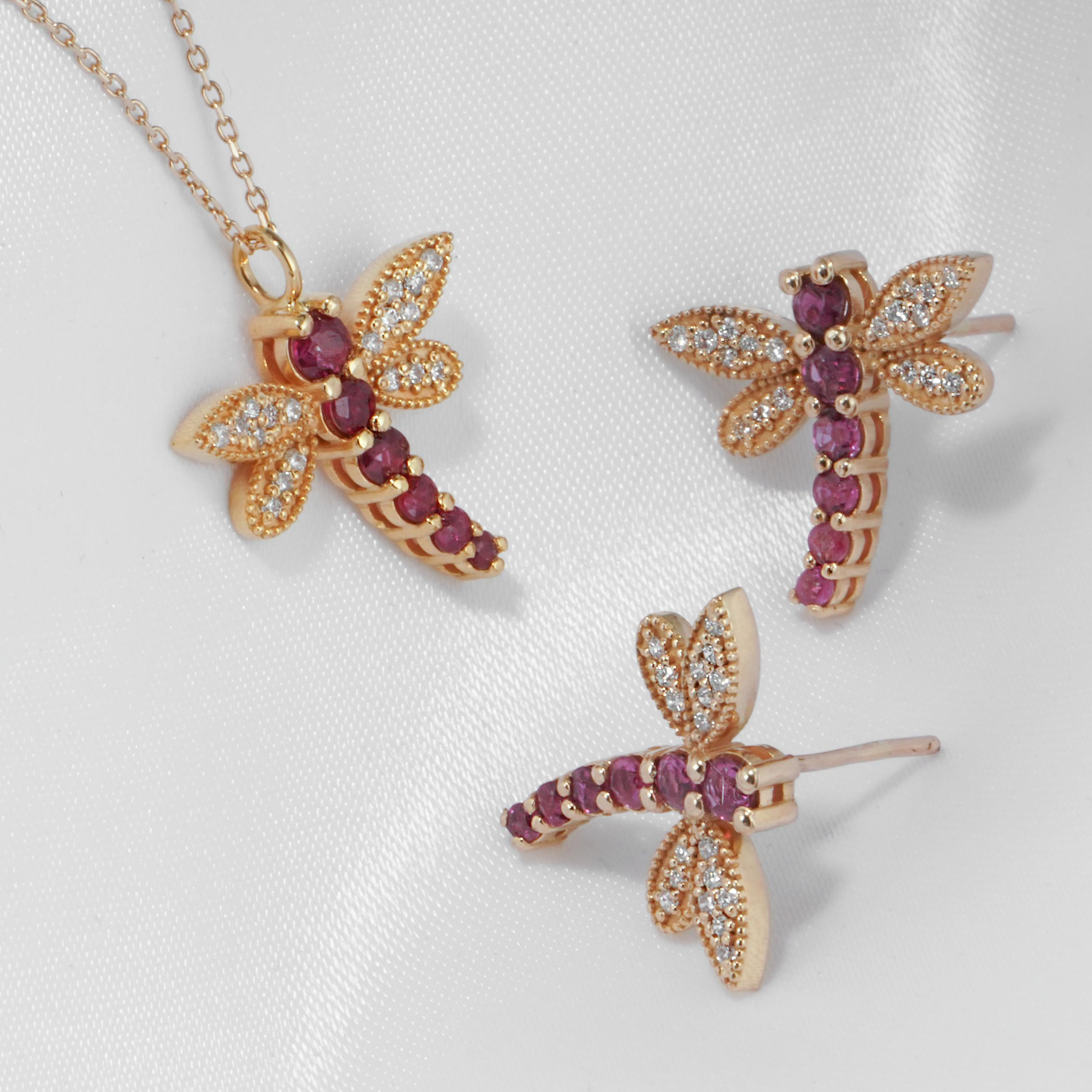 18k Solid Gold Natural Ruby Diamond Dragonfly earrings For Sale 1