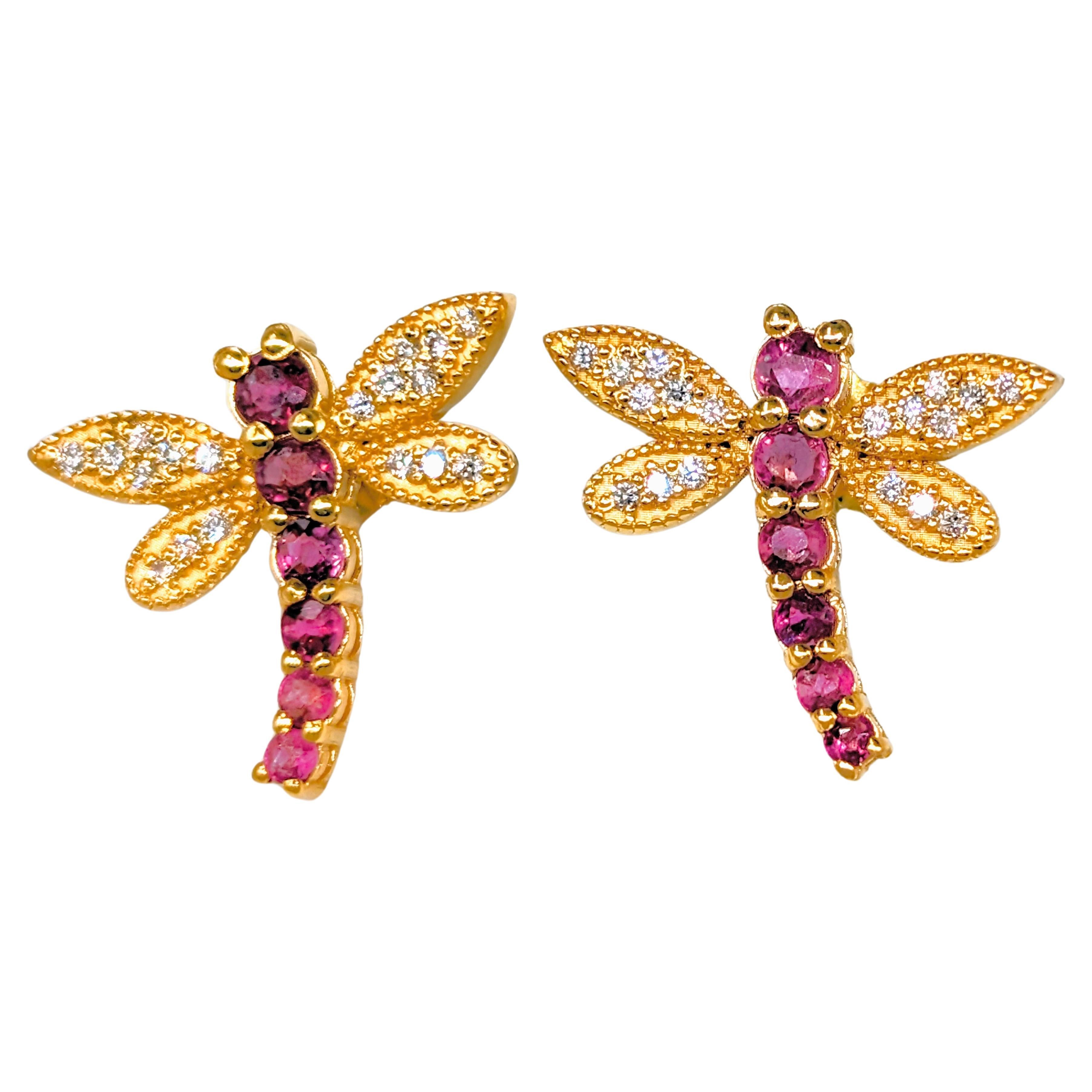Boucles d'oreilles libellule en or massif 18k, rubis naturel et diamant